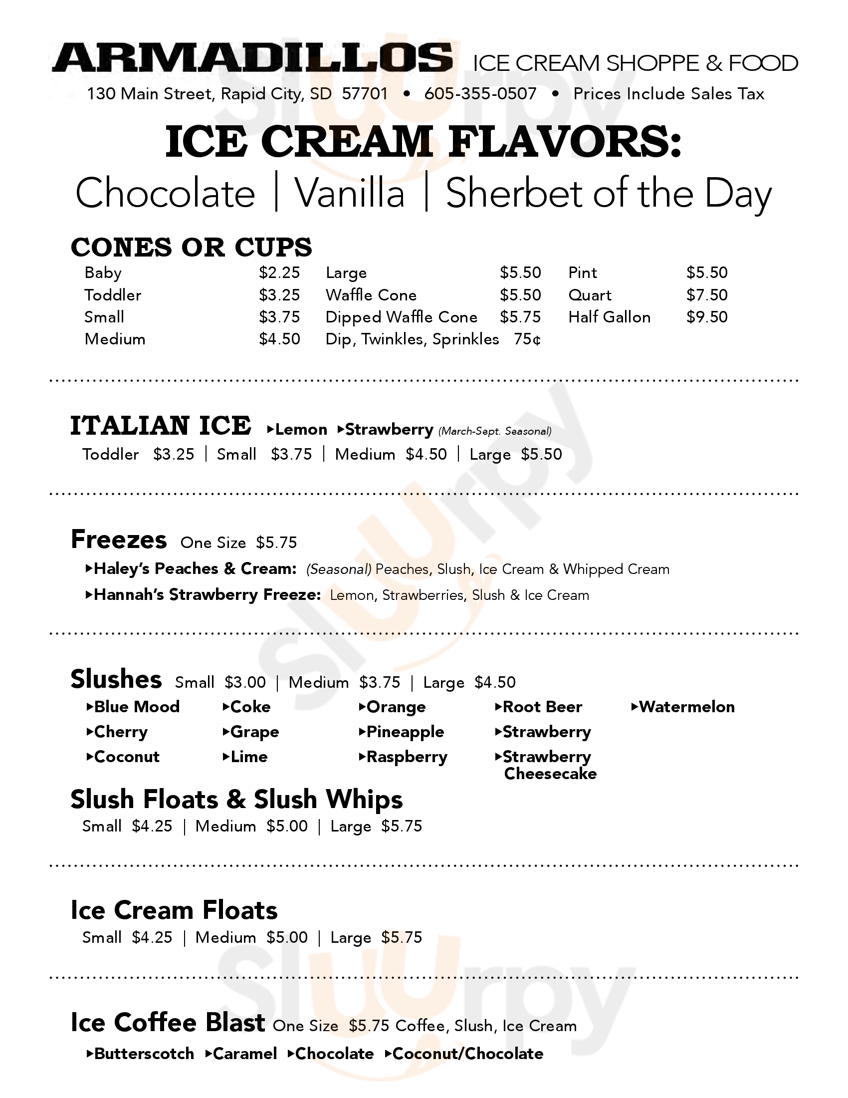 Armadillos Ice Cream Shop Rapid City Menu - 1