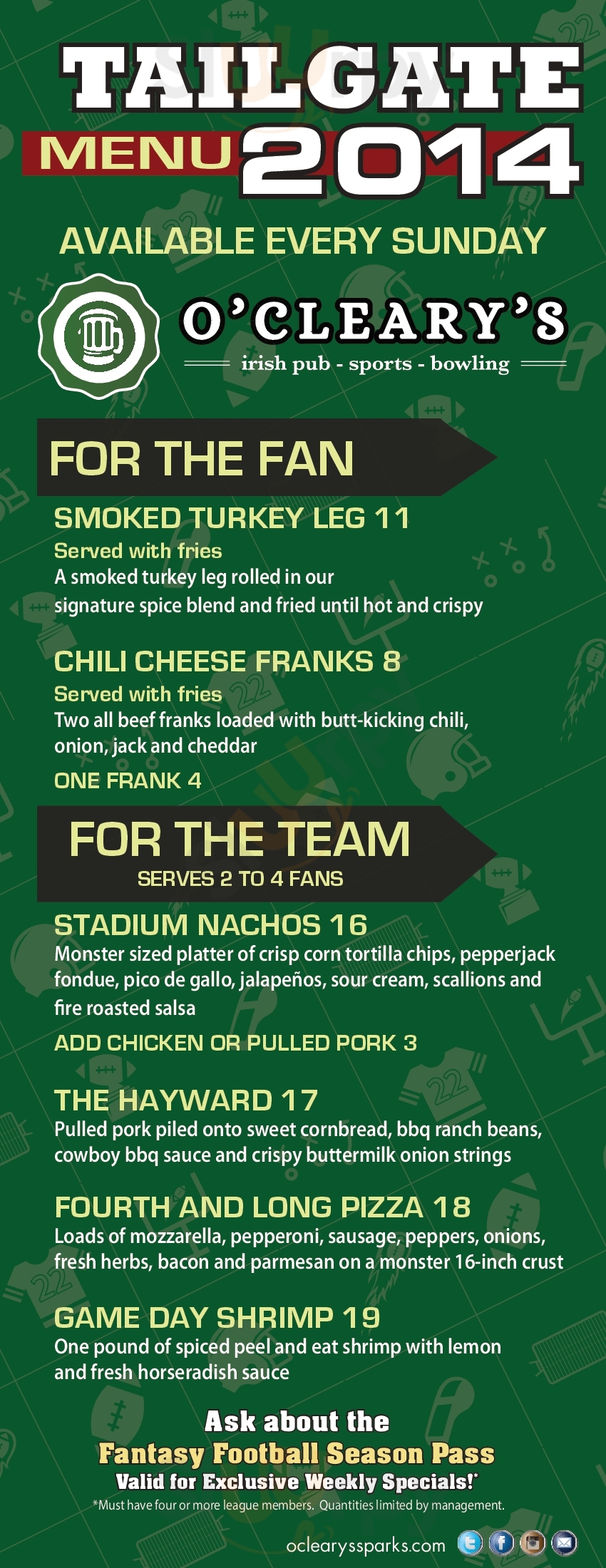 Main Menu - O'cleary's Irish Pub