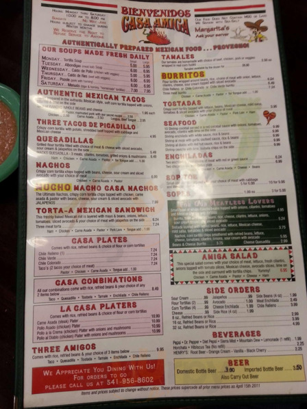 Casa Amiga menu