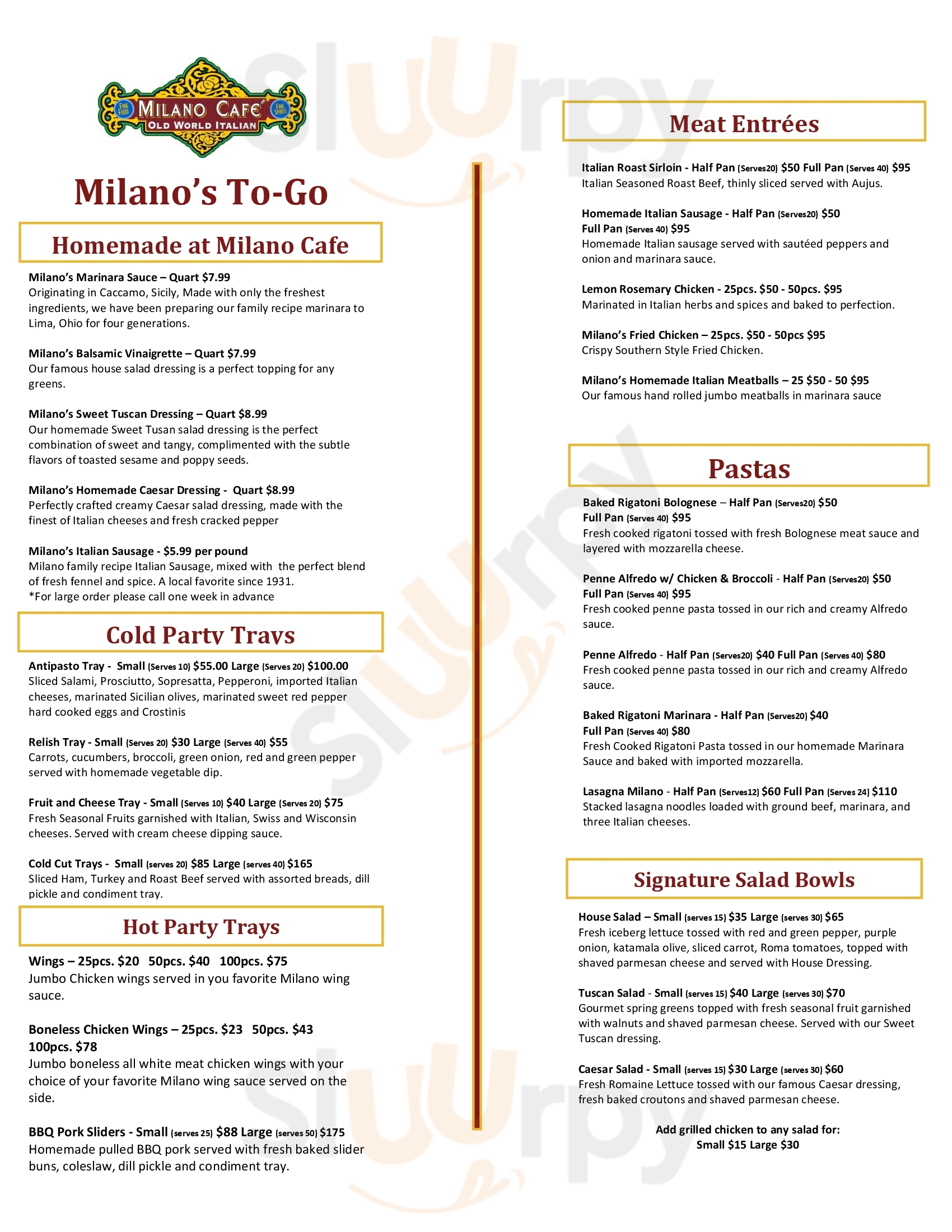 Main Menu - Milano Cafe