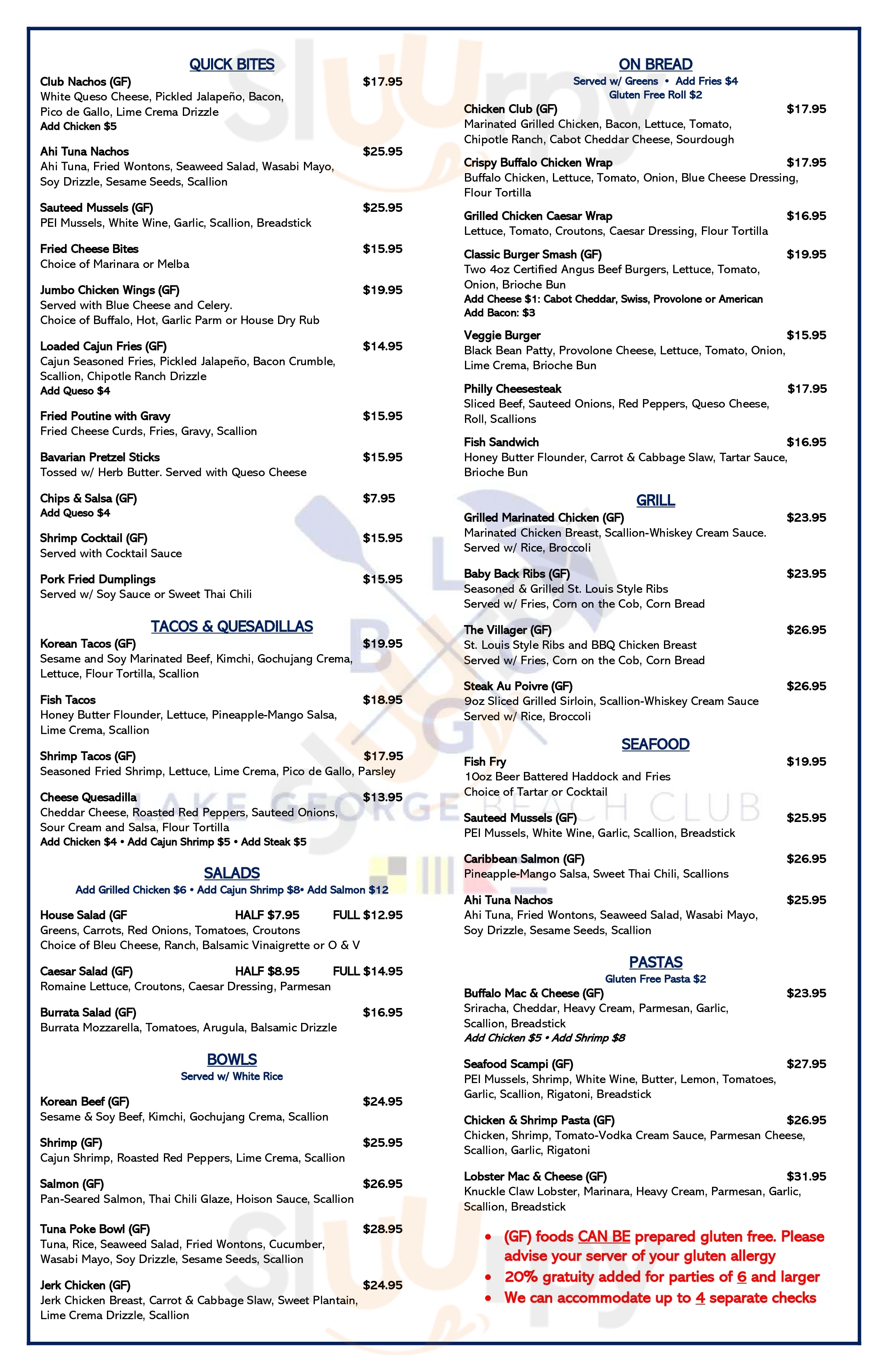 Lake George Beach Club Lake George Menu - 1