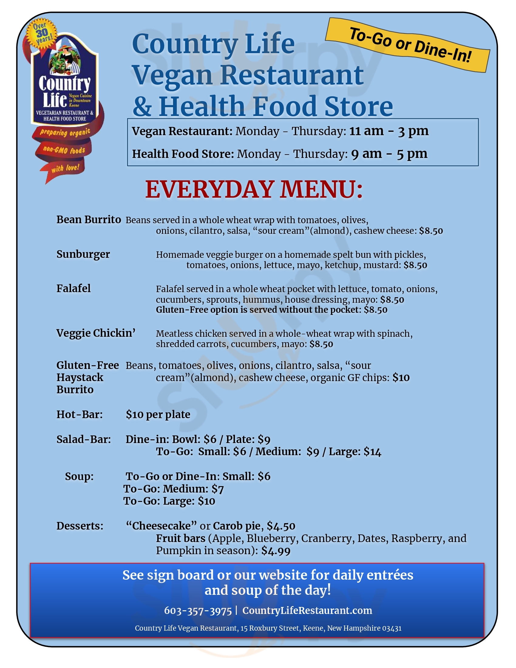 Country Life Vegetarian Buffet Keene Menu - 1