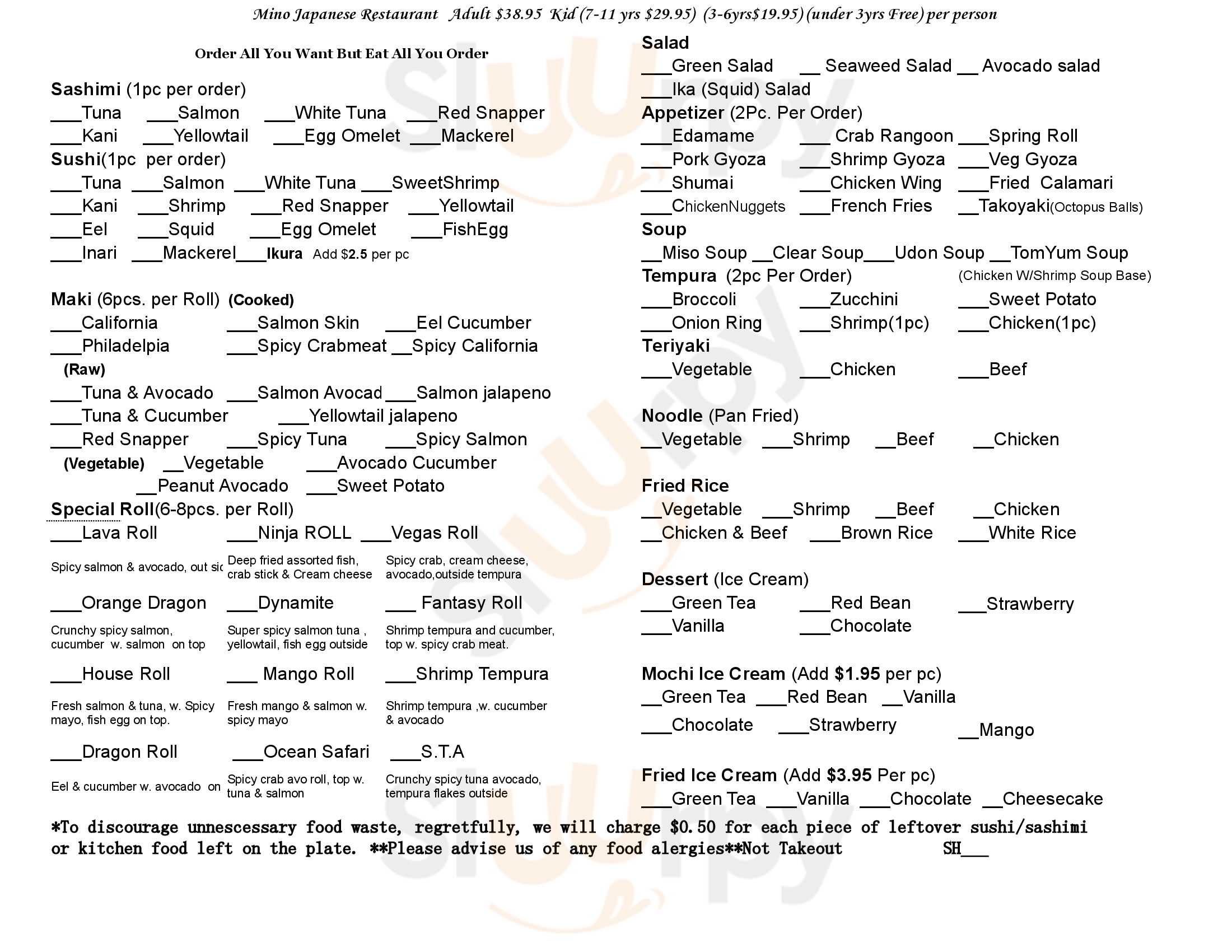 Main Menu - Mino Japanese Restaurant & Sushi Bar