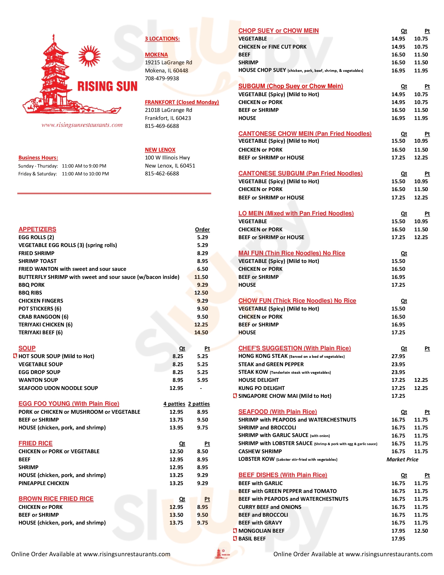 Rising Sun Frankfort Menu - 1