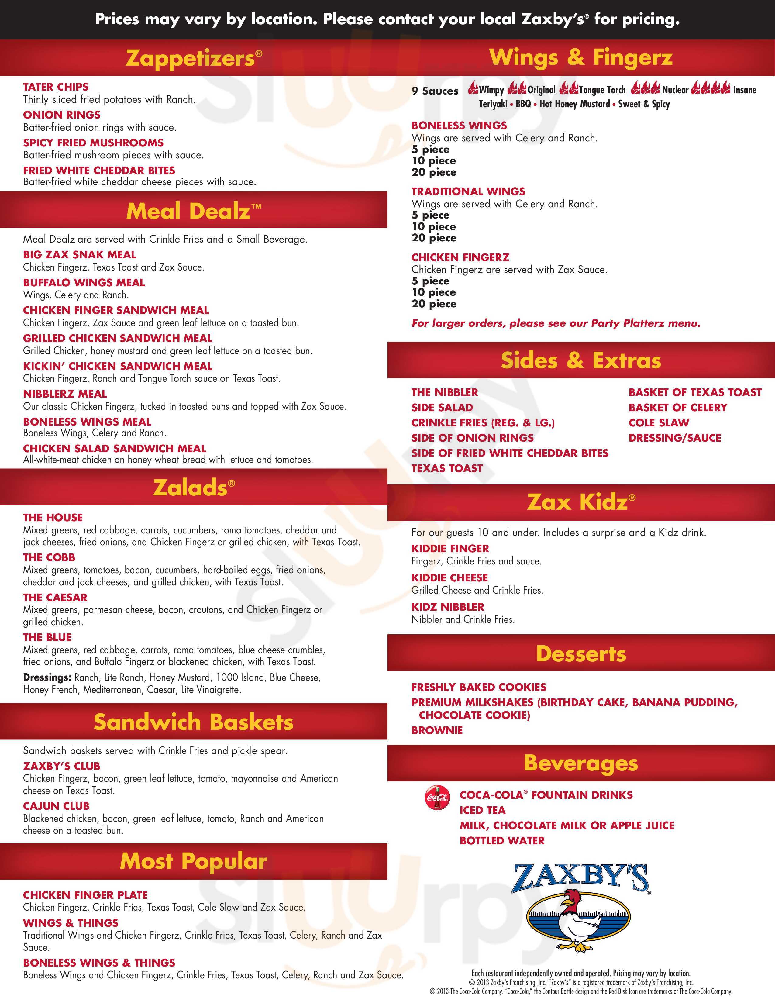 Zaxby's Of Shelbyville Shelbyville Menu - 1