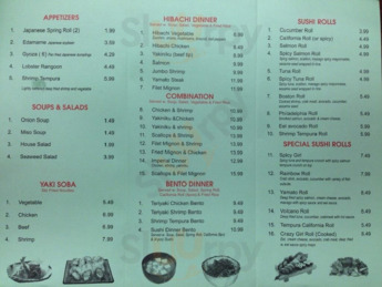 Yamato Japense Steak House menu