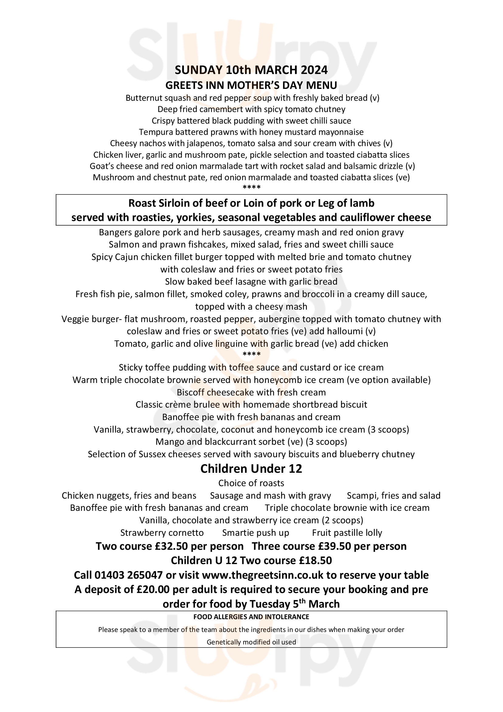 Main Menu - The Greets Inn