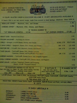 Dean's Coney Island menu