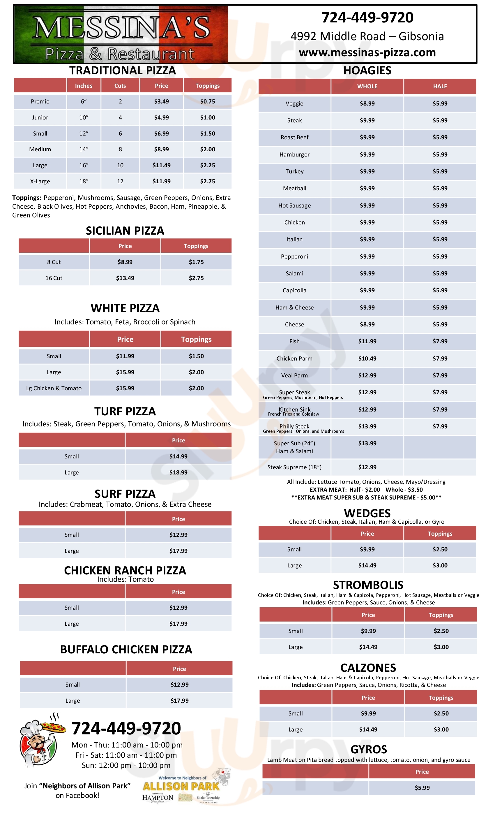 Messina's Pizza & Restaurant Gibsonia Menu - 1