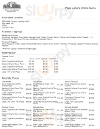 Papa Johns Pizza menu