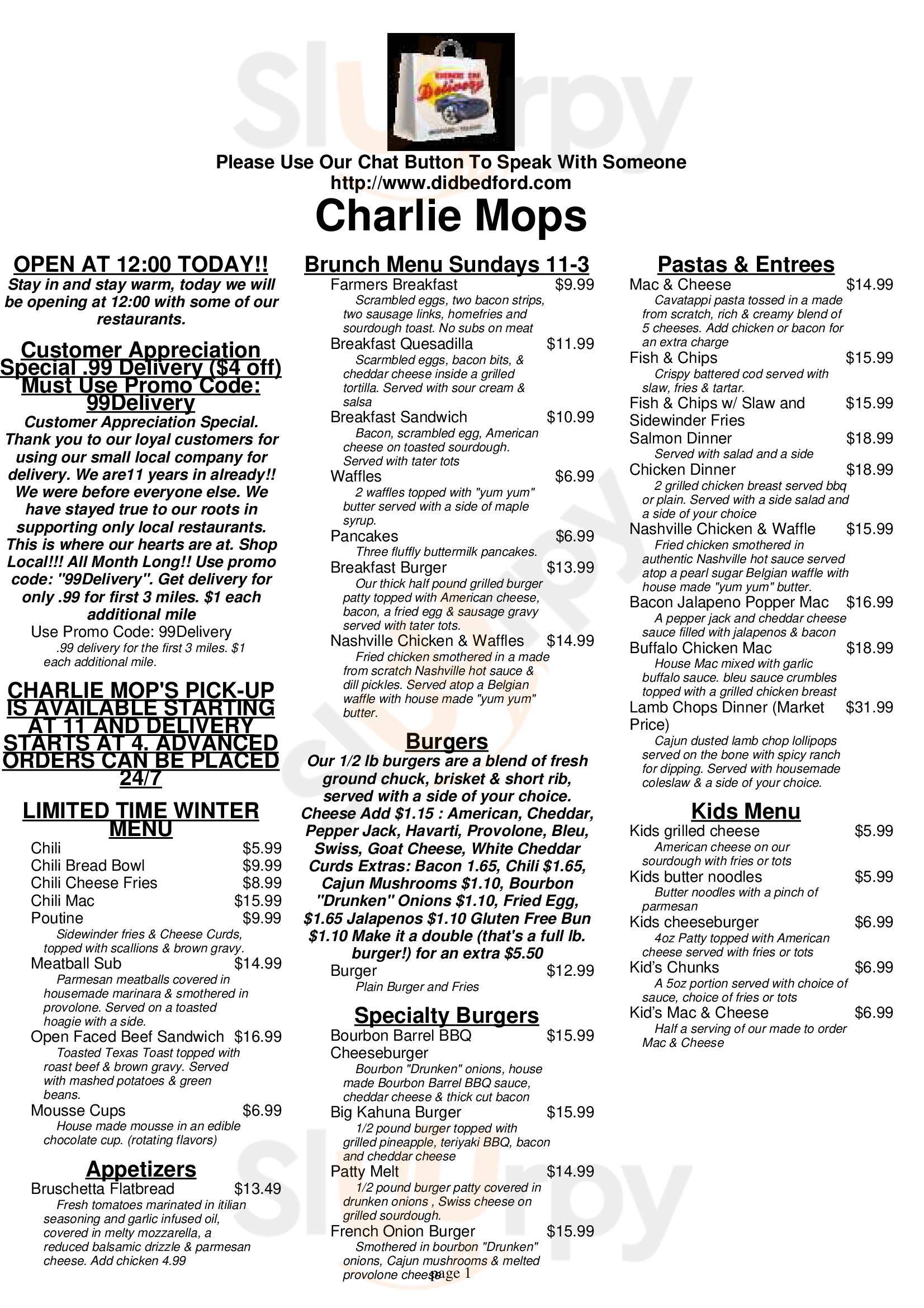 Charlie Mops Lambertville Menu - 1