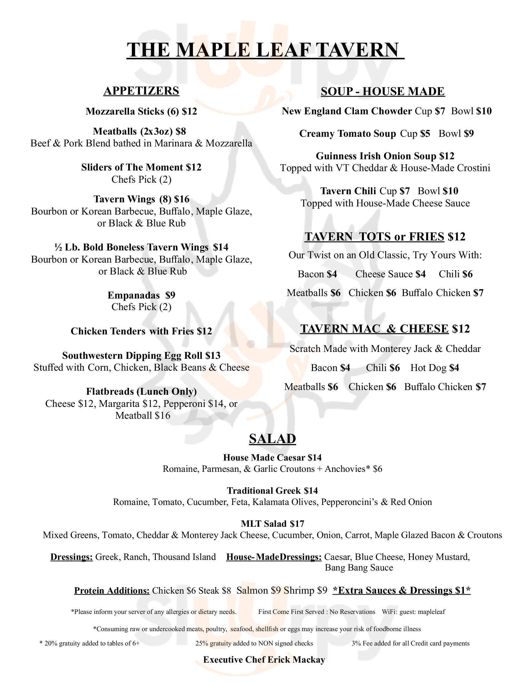 Main Menu - The Maple Leaf Tavern