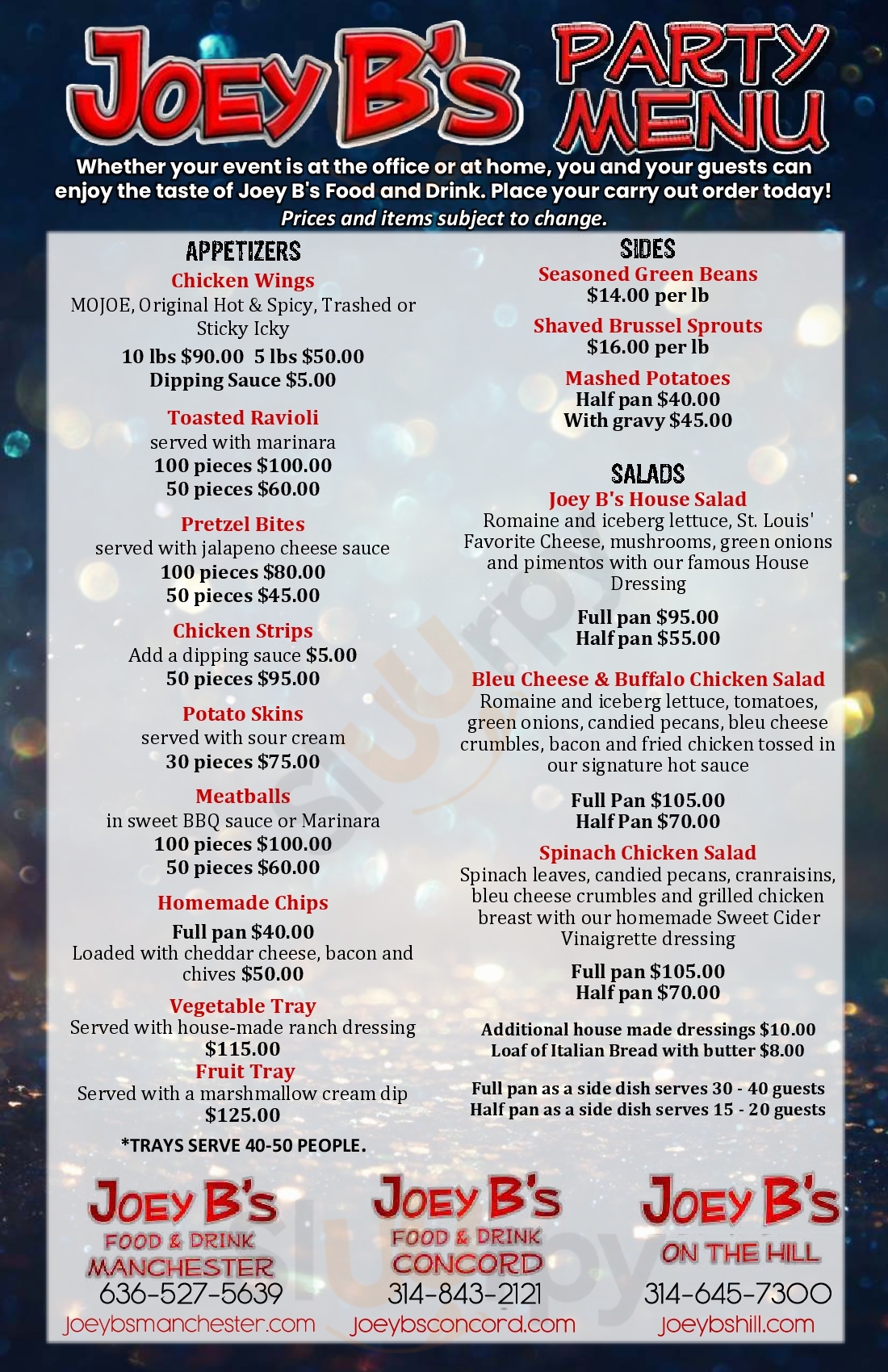 Main Menu - Joey B's Manchester