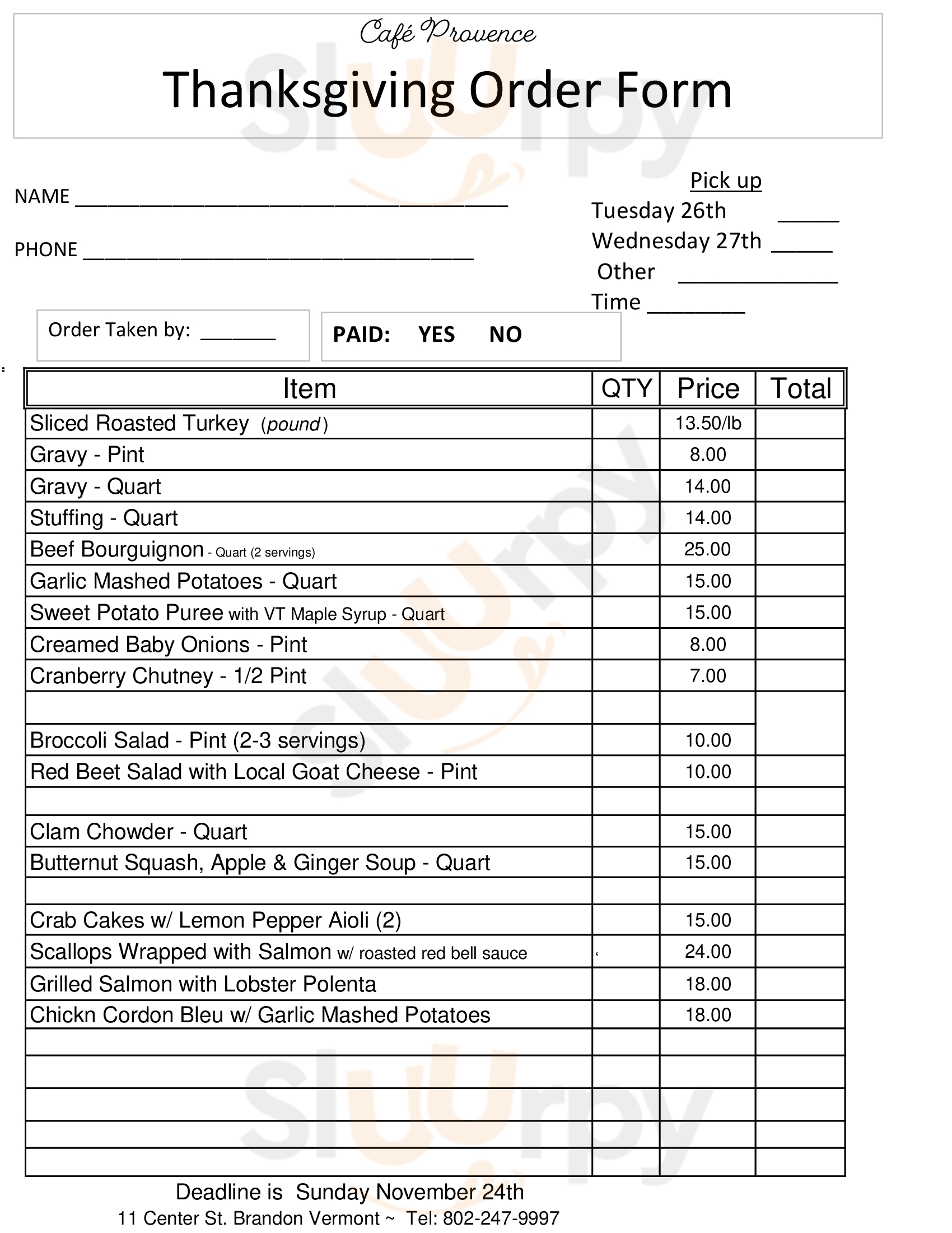 Main Menu - Cafe Provence