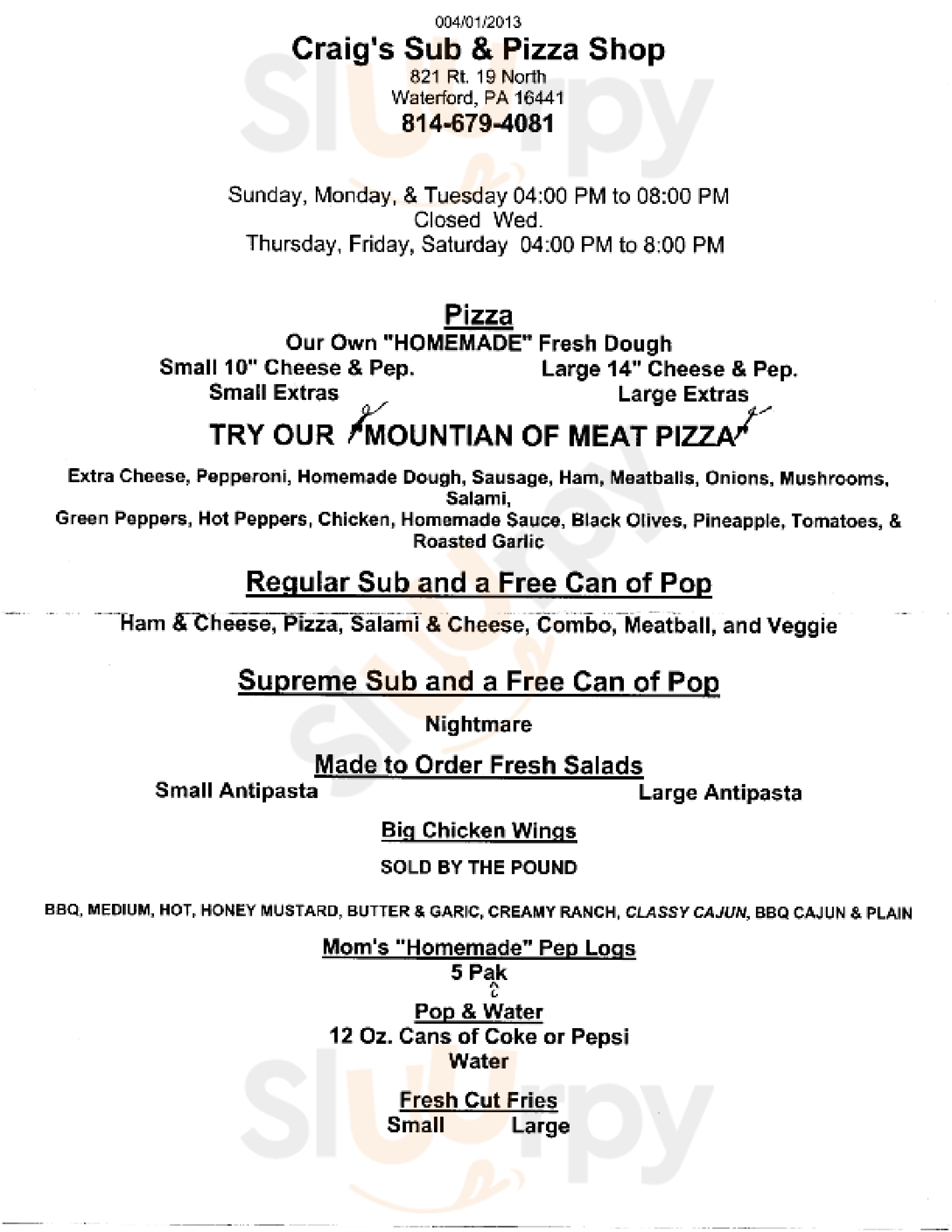 Craig's Sub And Pizza Shop Waterford Menu - 1