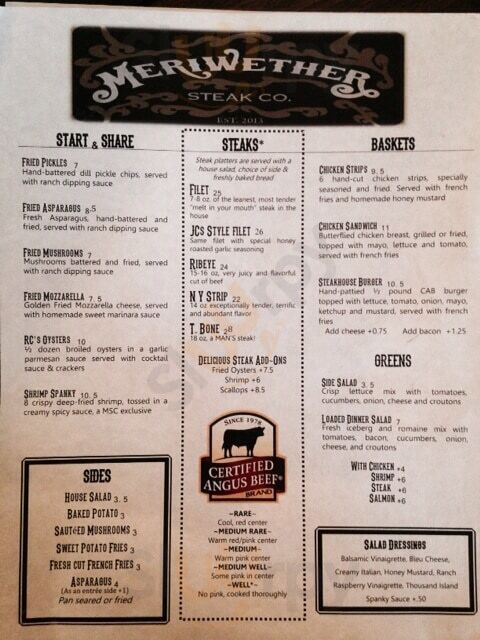 Merriweather Steak Company Warm Springs Menu - 1