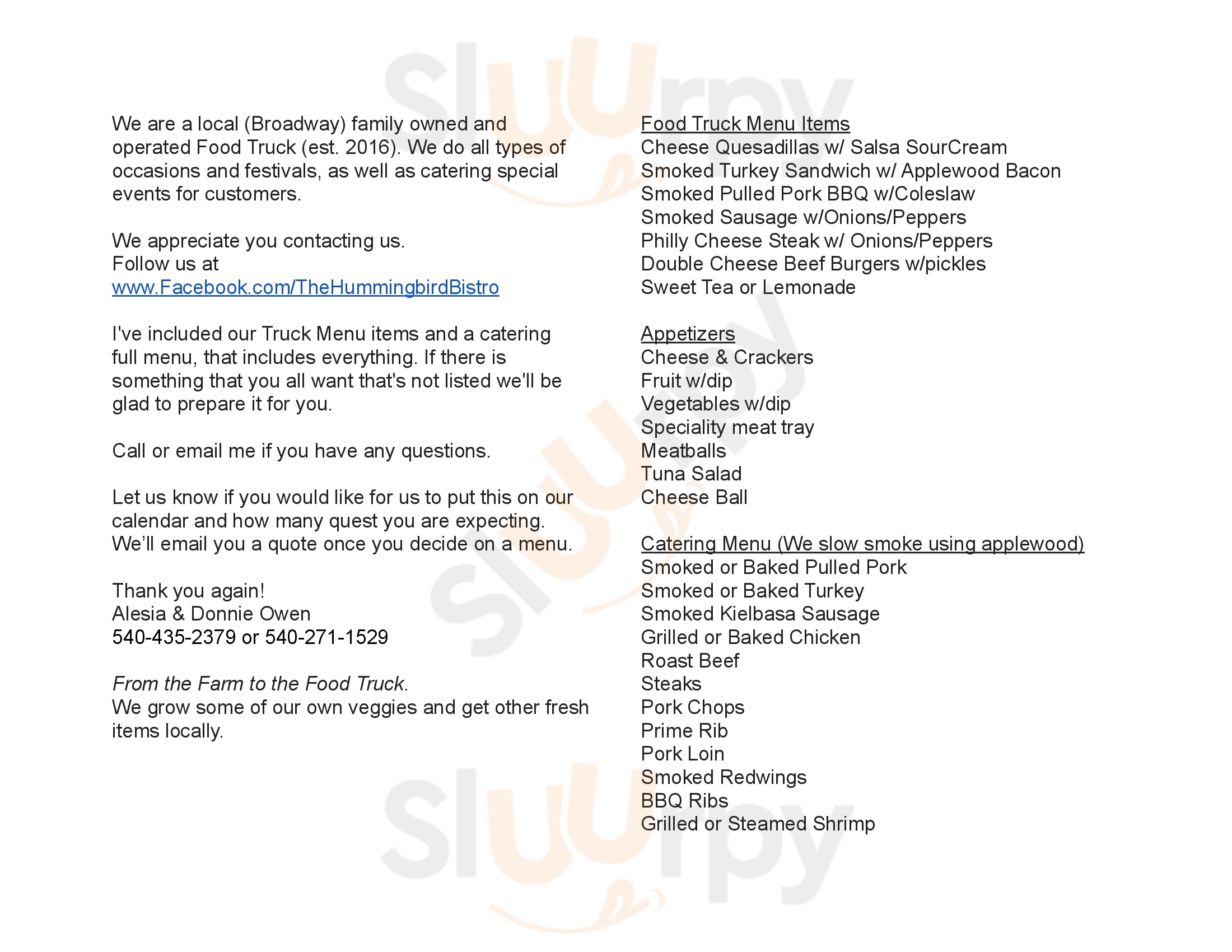 Main Menu - The Hummingbird Bistro