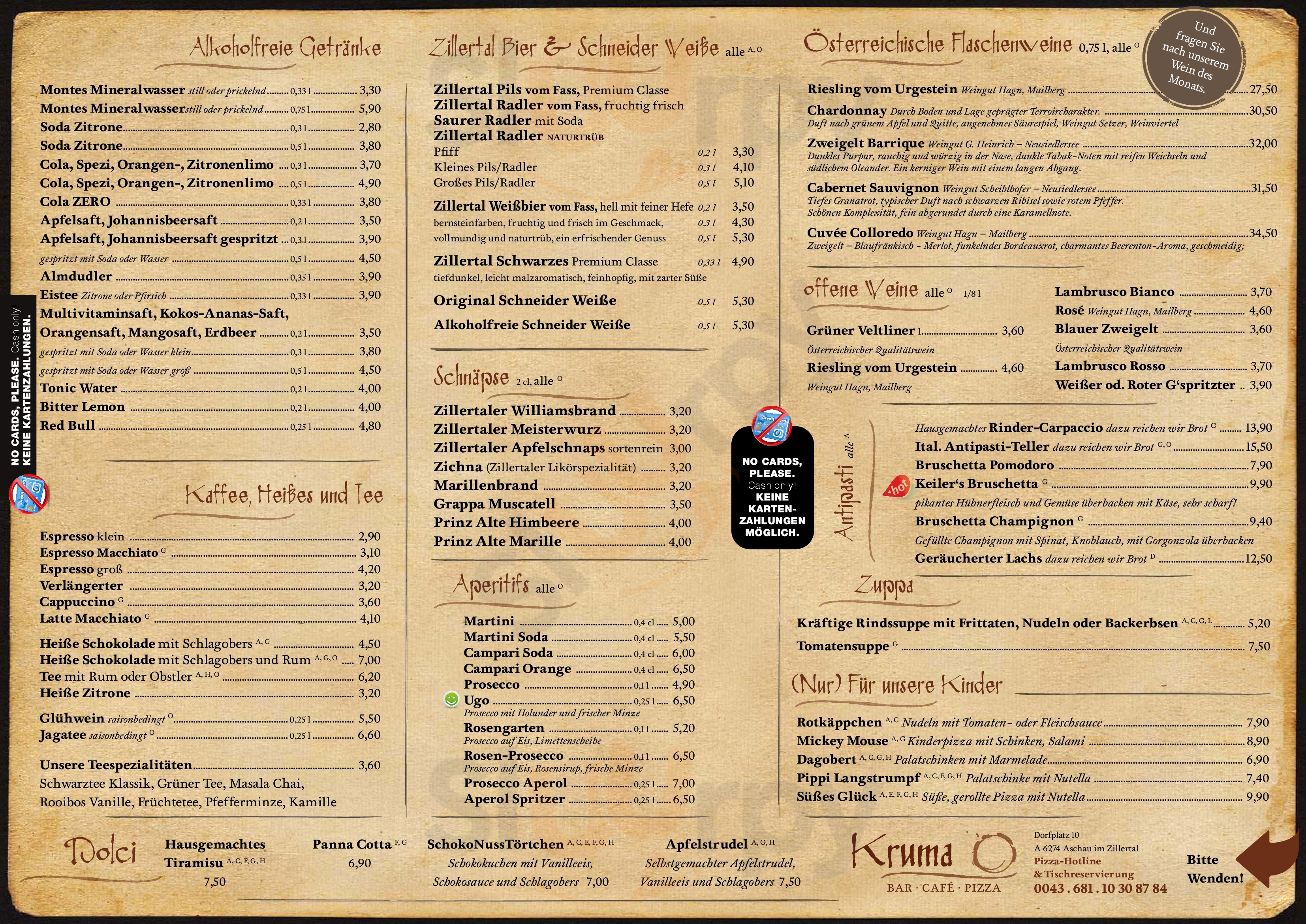 Pizzeria Kruma Bar Cafe Aschau im Zillertal Menu - 1