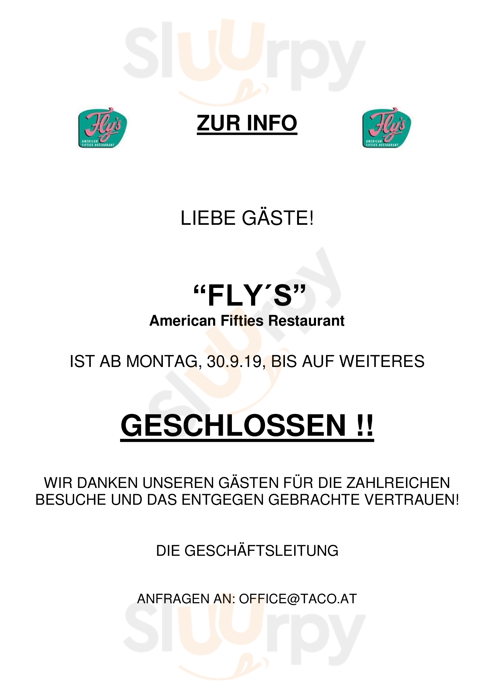 Flys - American Fifties Restaurant Wien Menu - 1