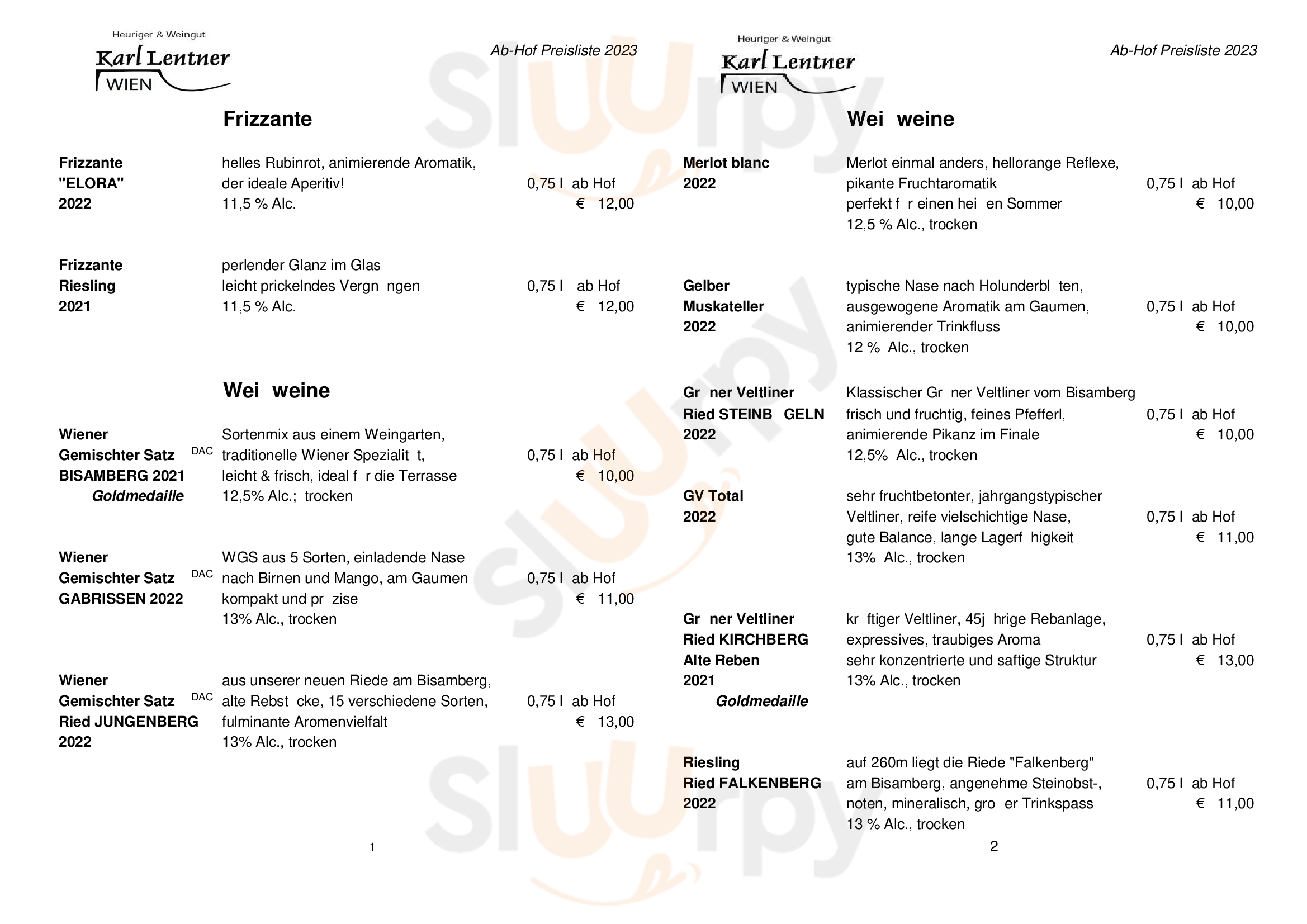 Karl Lentner Weingut & Heuriger Wien Menu - 1