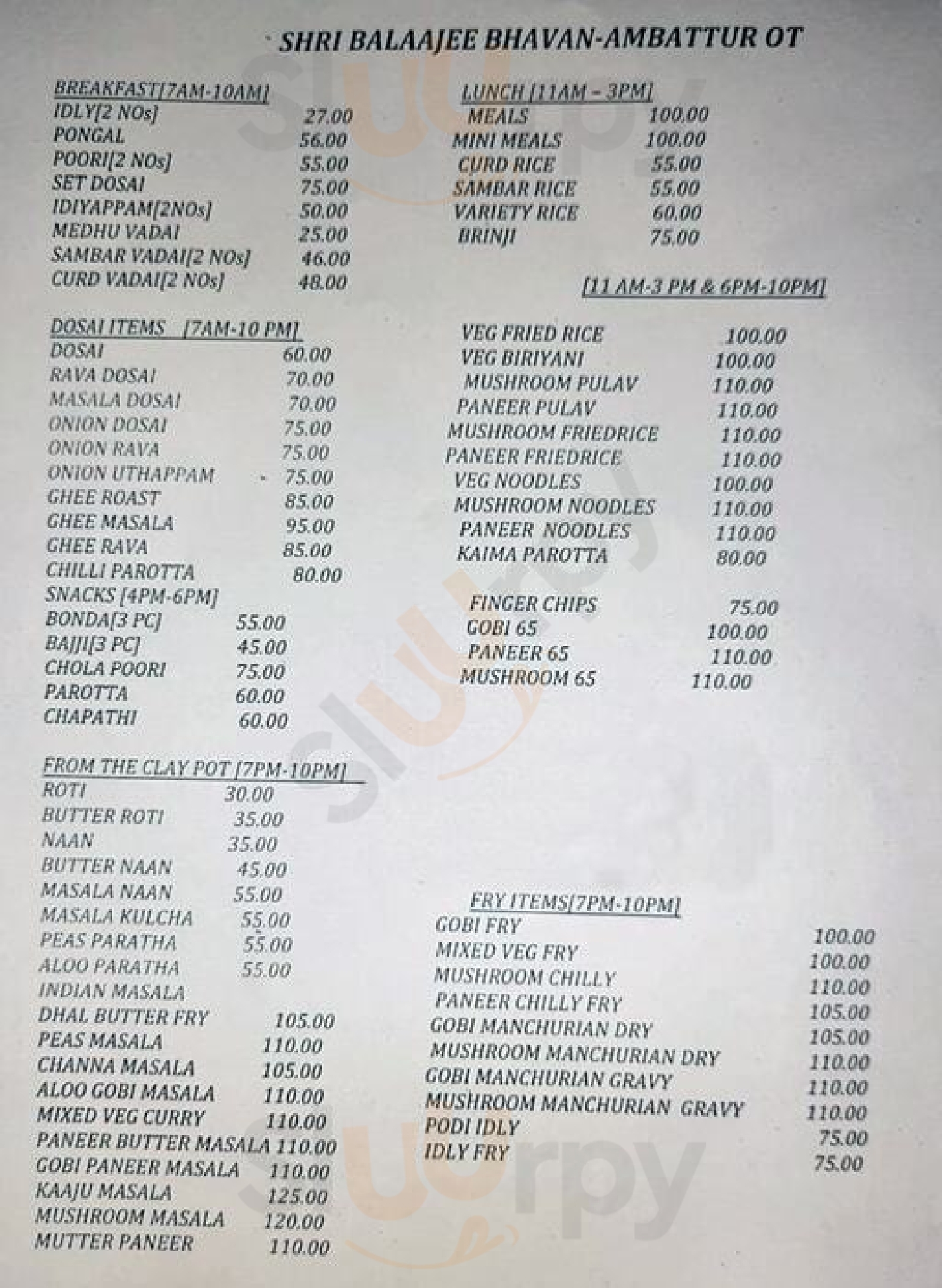 Shri Balaajee Bhavan Chennai (Madras) Menu - 1