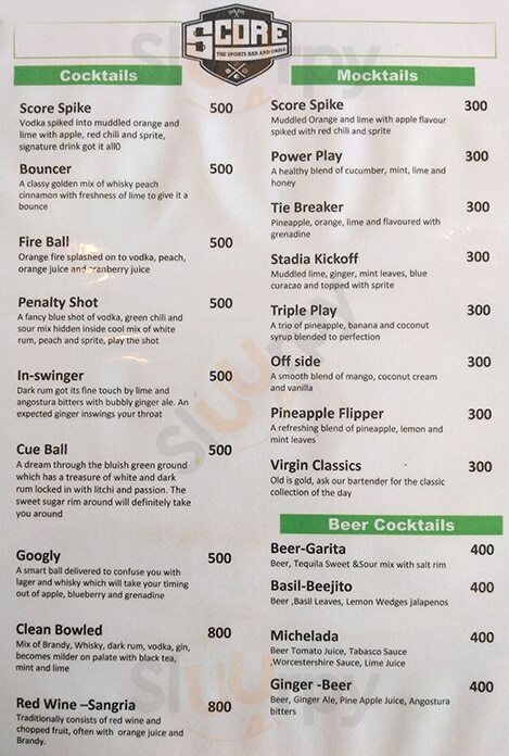 Score - The Sports Bar & Grill Chennai (Madras) Menu - 1