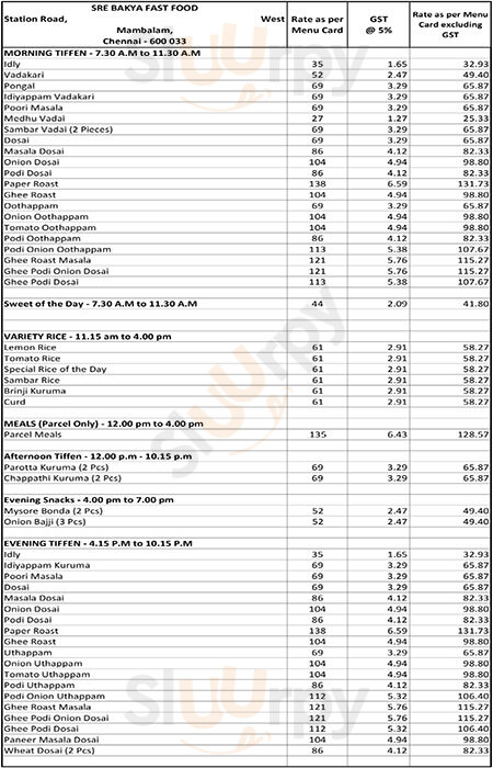 Bakya Veg Restaurant Chennai (Madras) Menu - 1