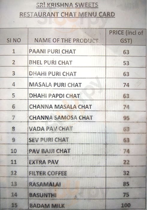 Sri Krishna Sweets Chennai (Madras) Menu - 1