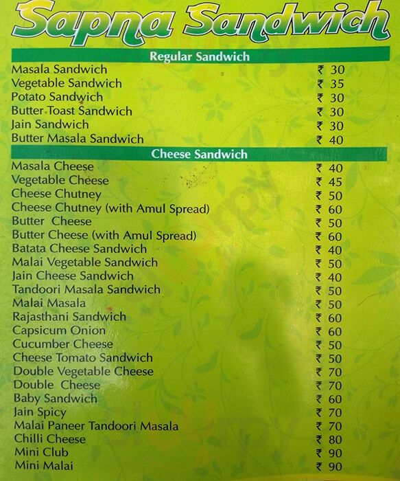 Sapna Sandwich Restaurant Indore Menu - 1