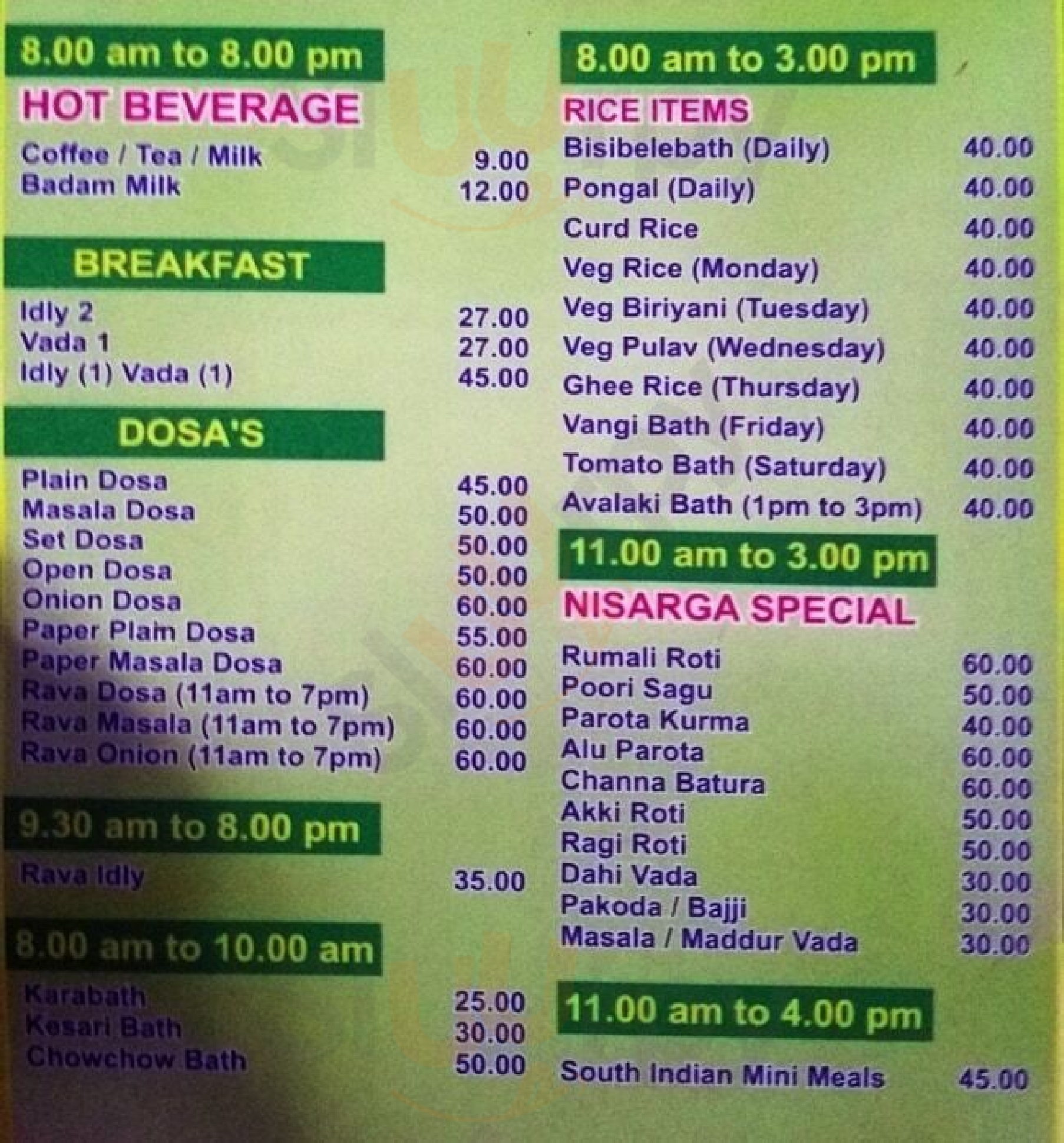 Nisarga Bengaluru Menu - 1