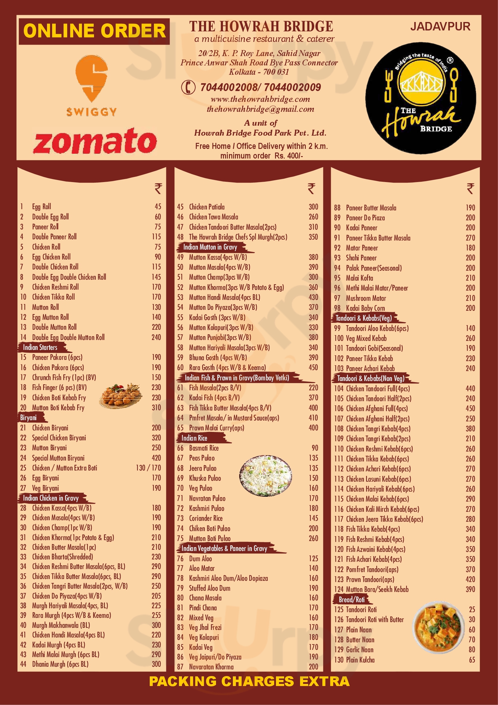 The Howrah Bridge Kolkata (Calcutta) Menu - 1