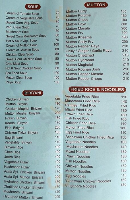 Arafa Hotel Chennai (Madras) Menu - 1