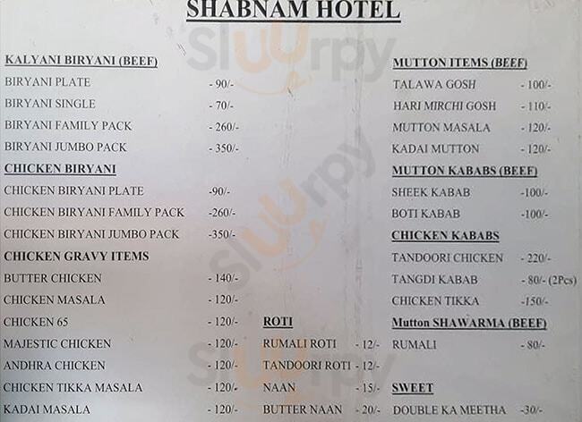 Hotel Shabnam Kalyani Biryani Restaurant Secunderabad Menu - 1