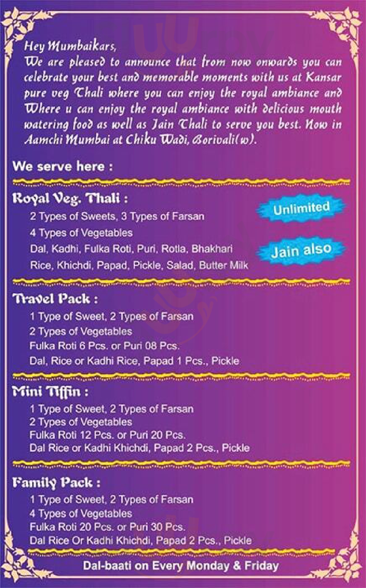 Kansar Pure Veg Thali Mumbai Menu - 1