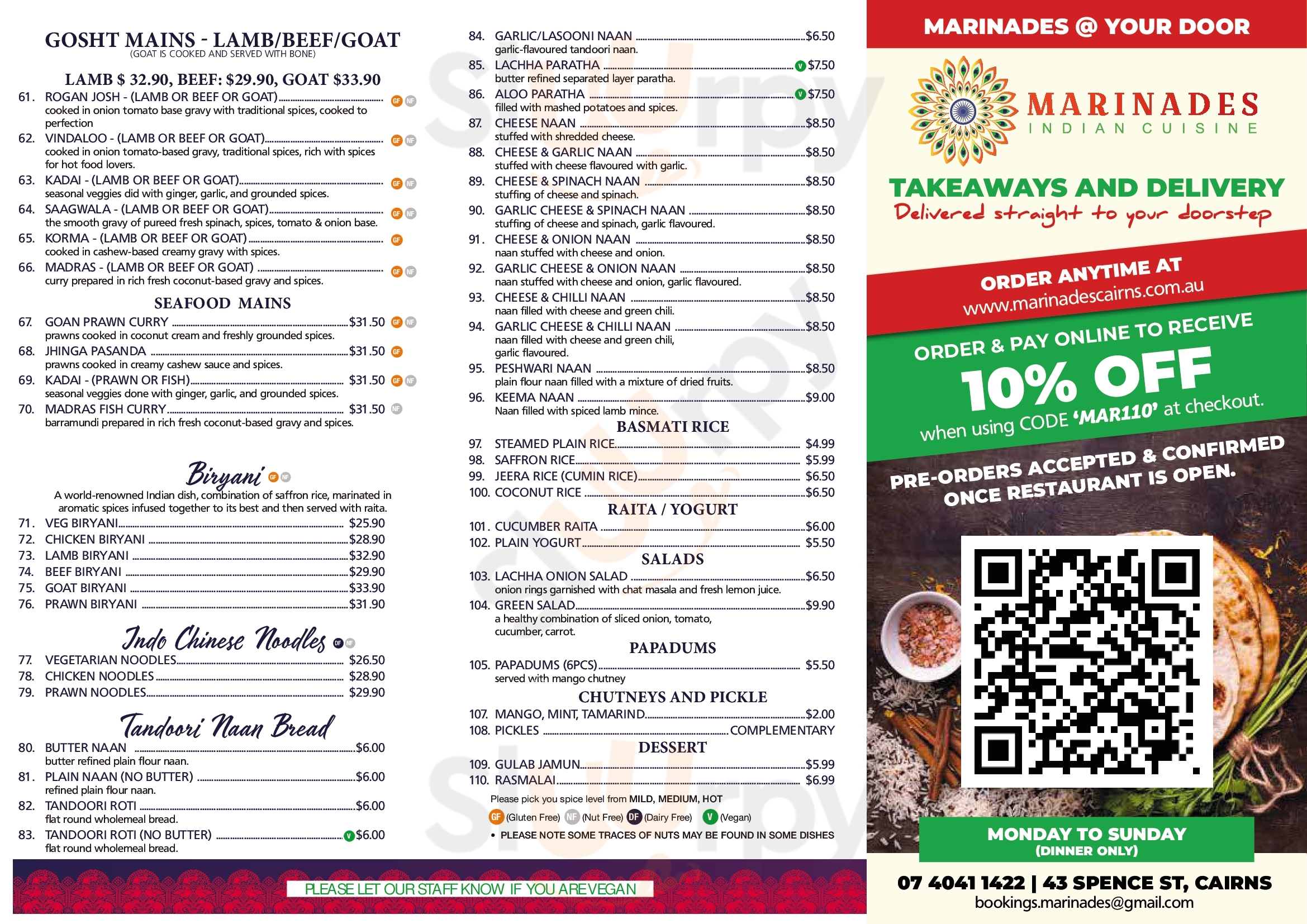Marinades Indian Cuisine Cairns Cairns Menu - 1
