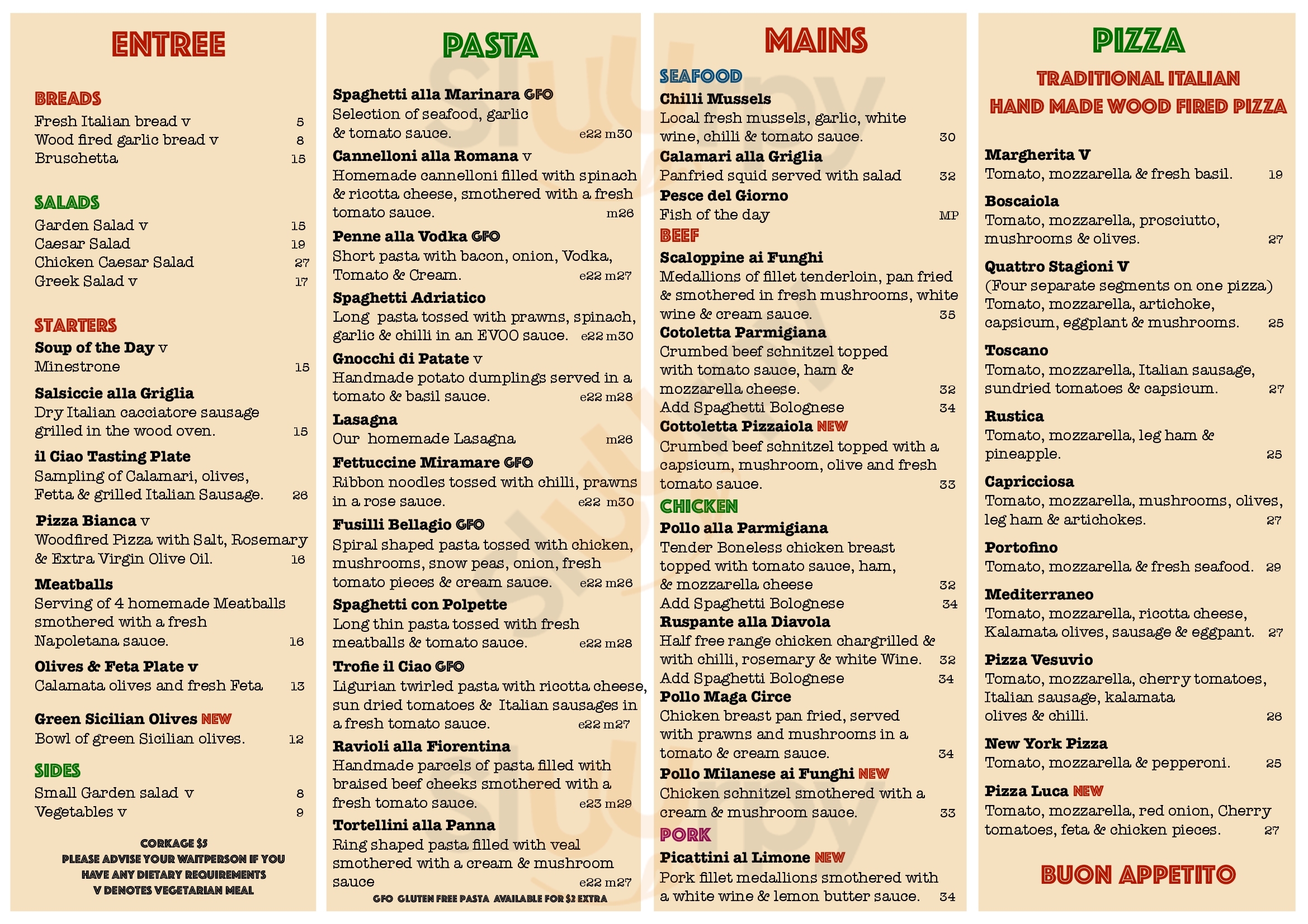 Main Menu - Il Ciao Ristorante Pizzeria
