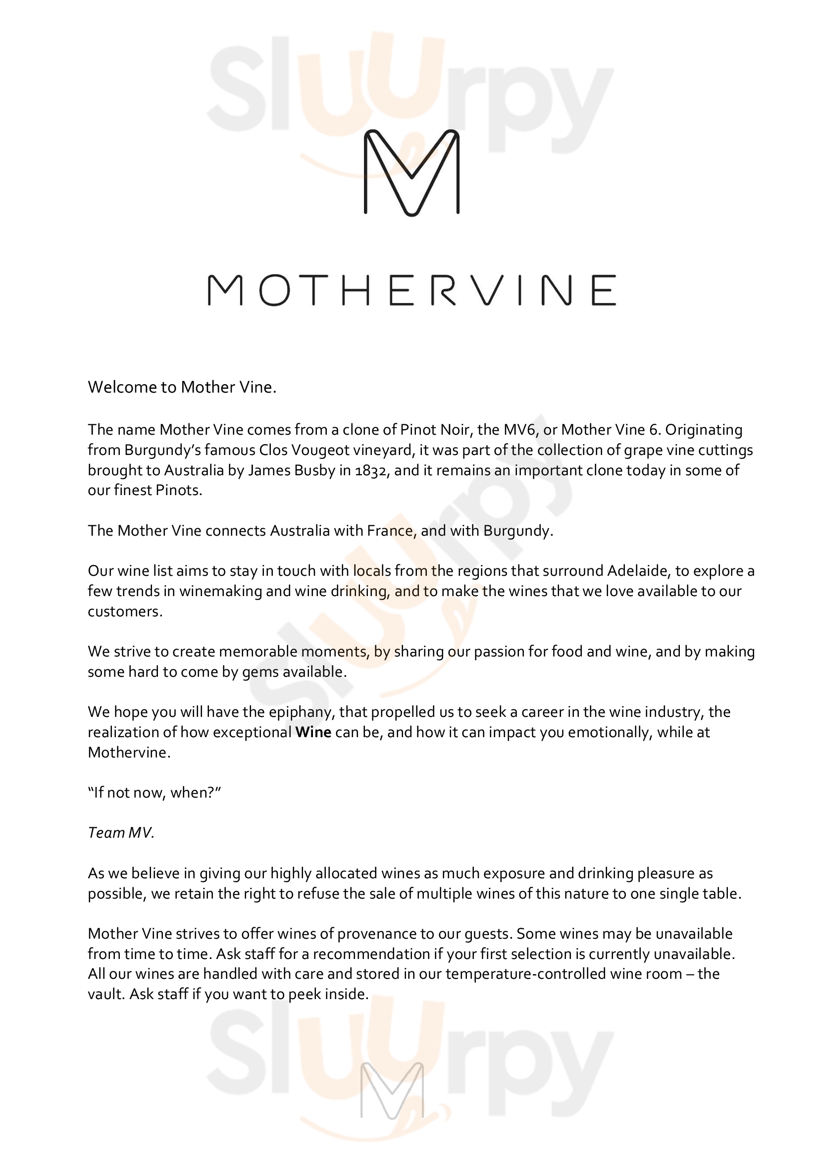 Mother Vine Adelaide Menu - 1