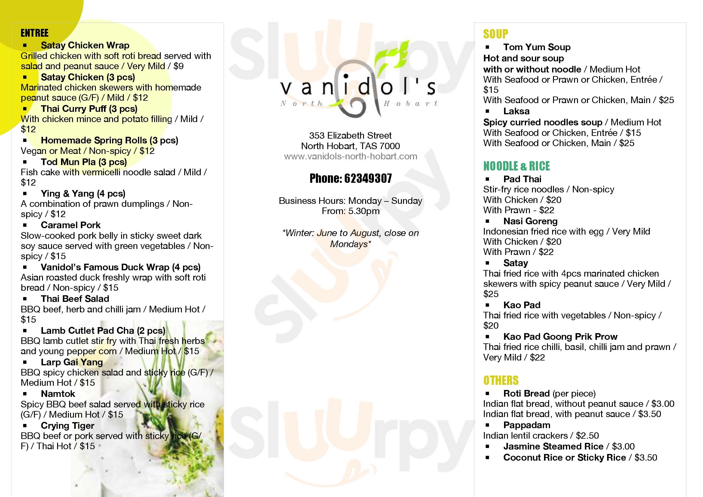 Vanidol's Asian Cuisine Hobart Menu - 1