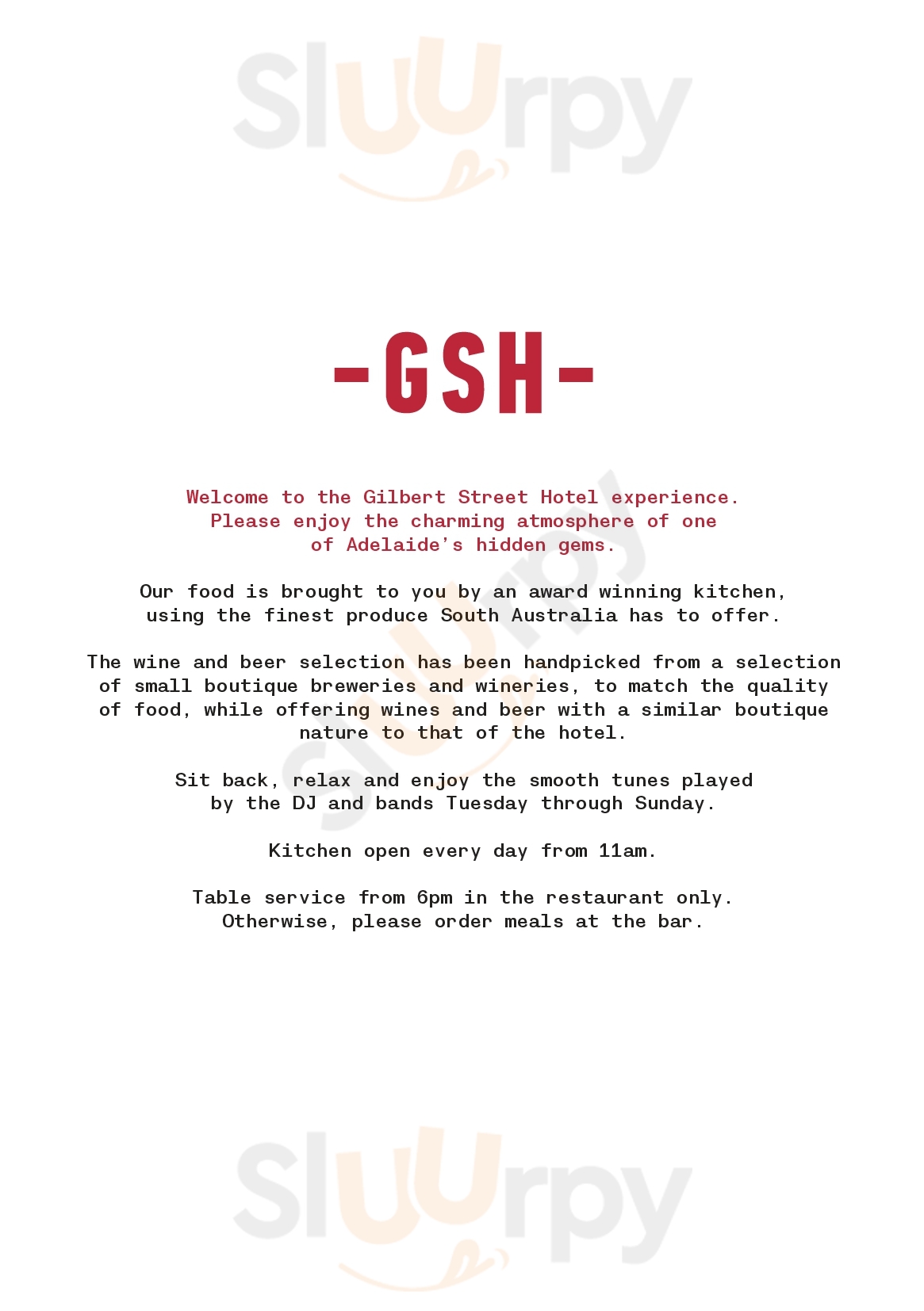 Main Menu - Gilbert Street Hotel