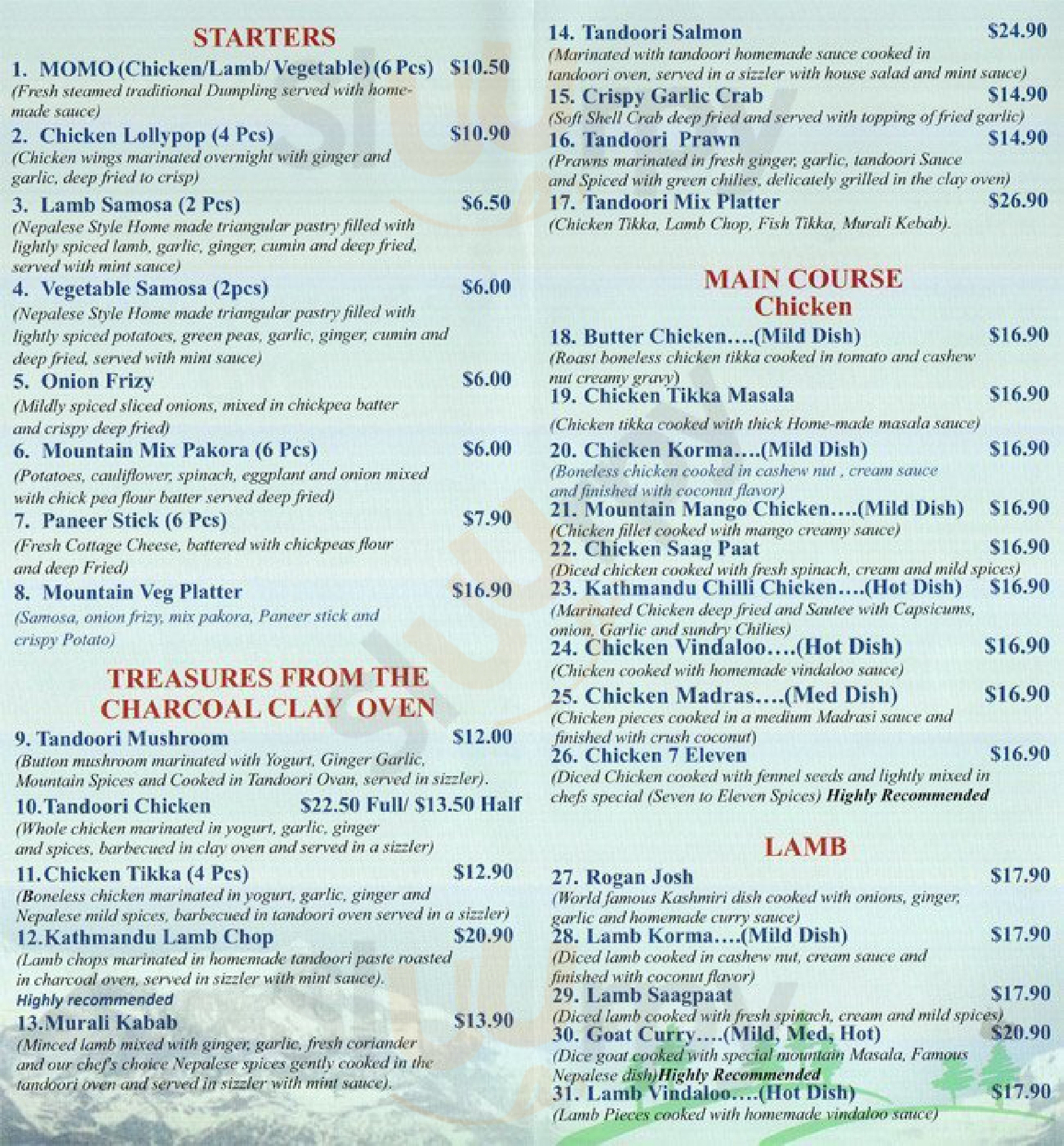 Taste Of Mountain Nepalese & Indian Restaurant Perth Menu - 1