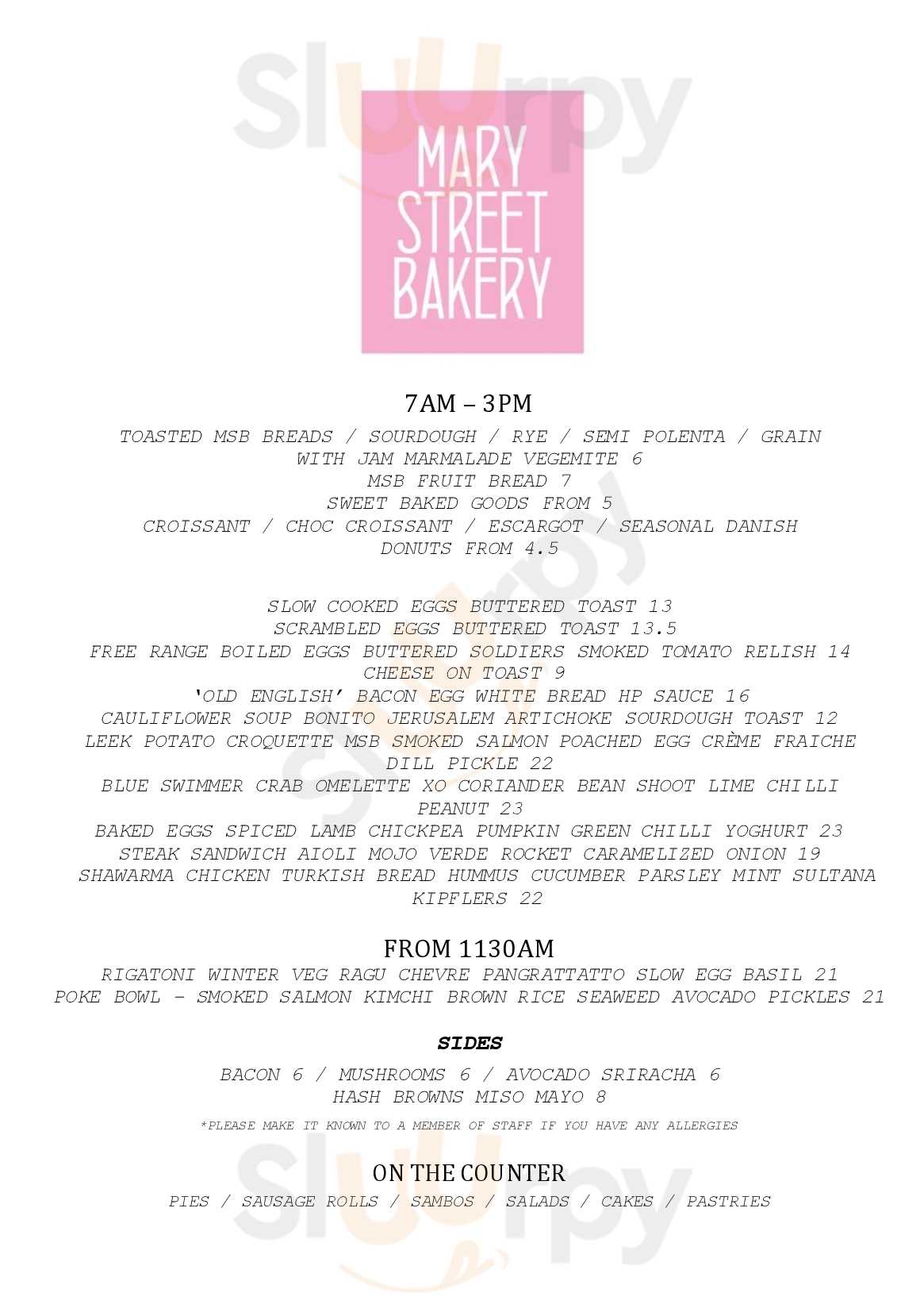 Mary Street Bakery Perth Menu - 1