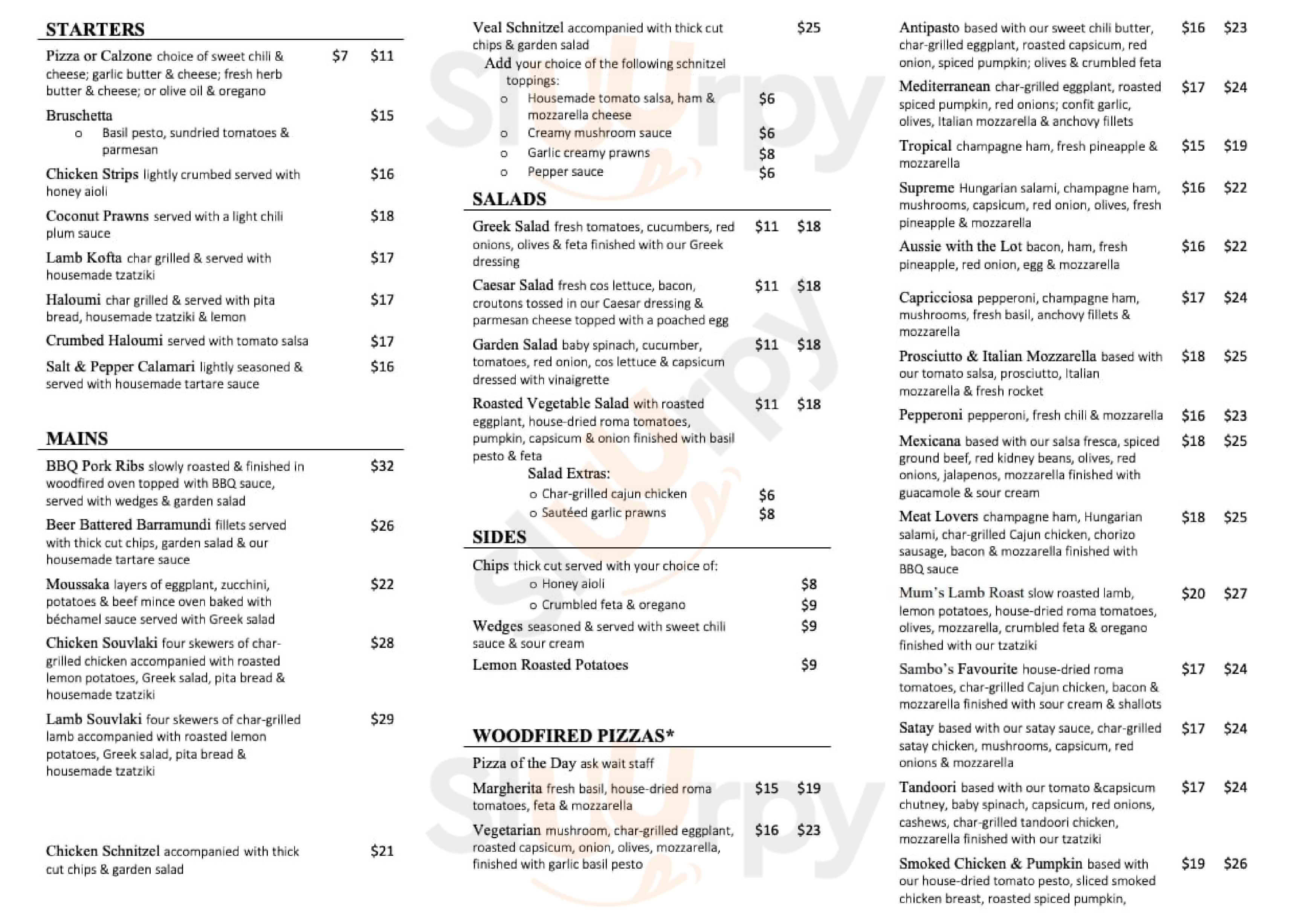 Sambo's Woodfired Restaurant Brisbane Menu - 1