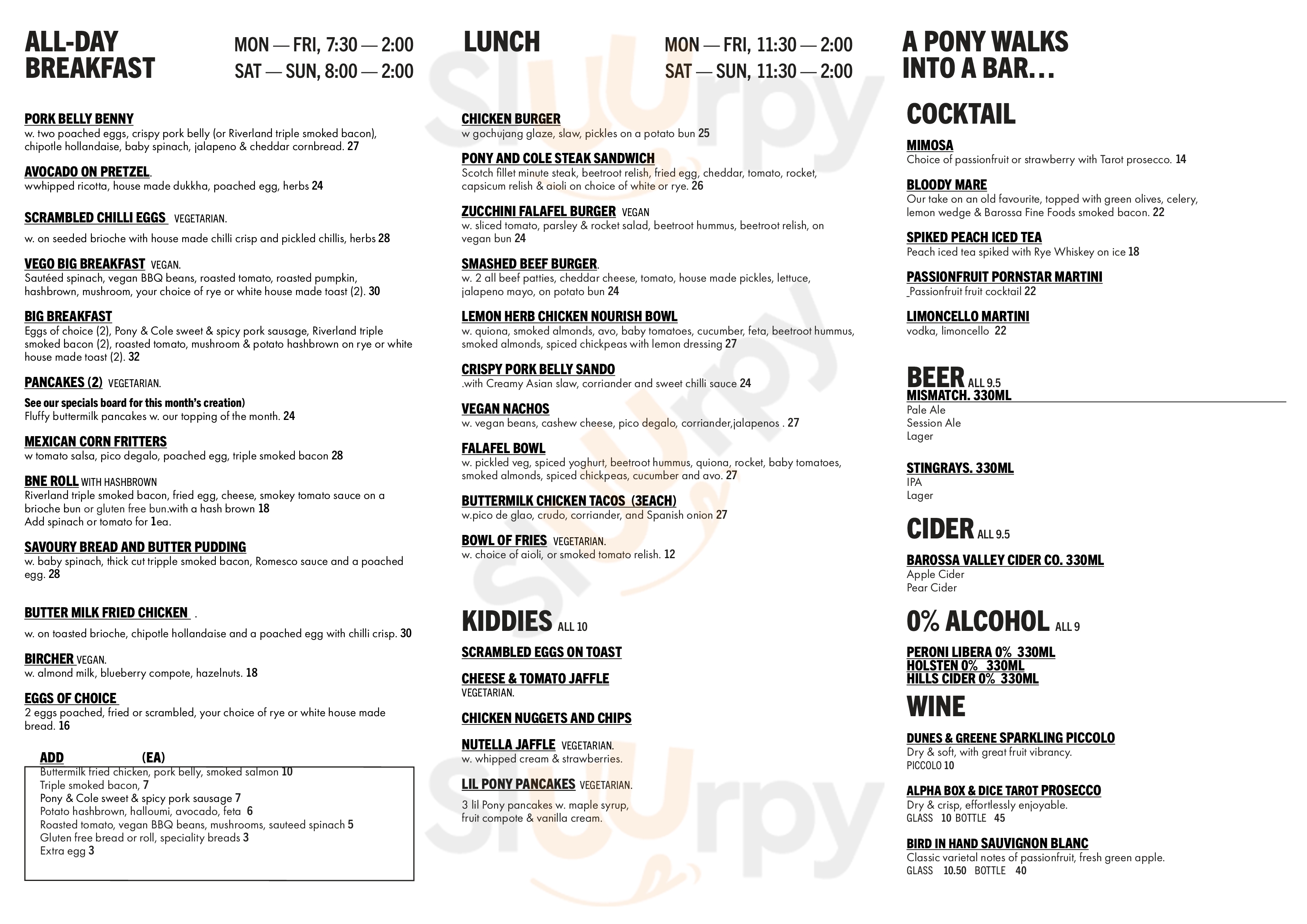 Pony And Cole Hindmarsh Menu - 1