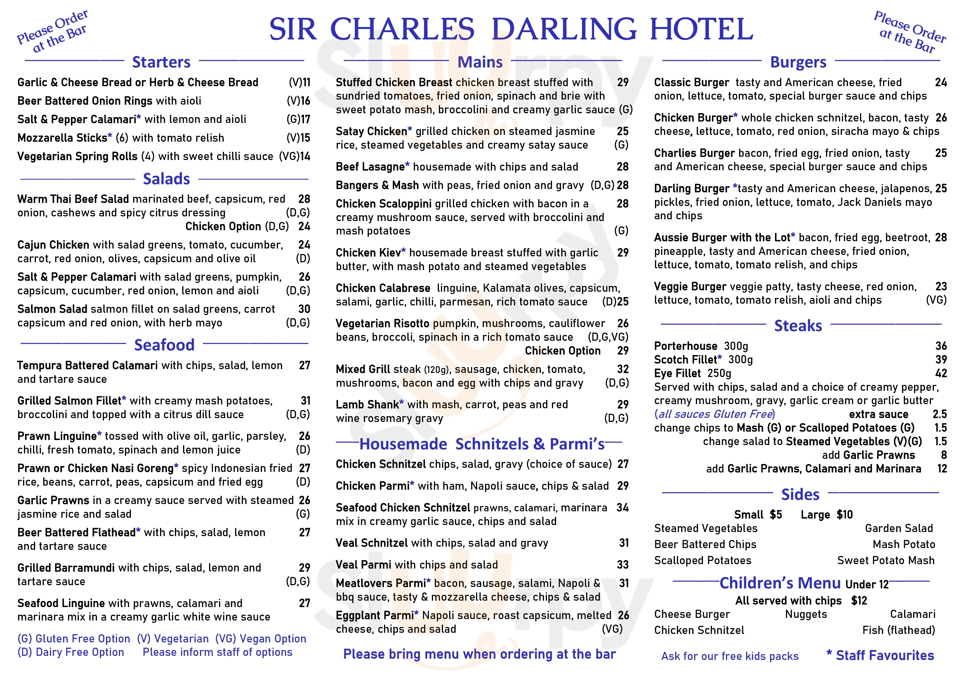 Main Menu - Sir Charles Darling Hotel