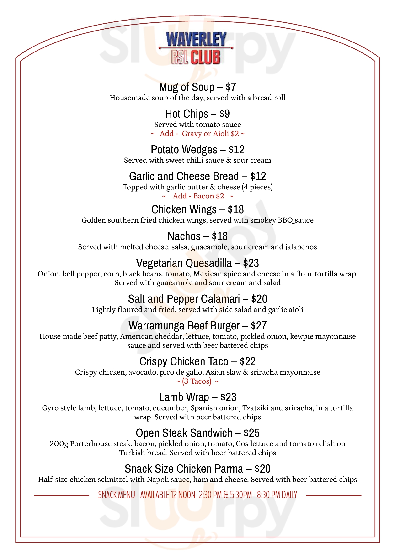 Waverley Rsl Glen Waverley Menu - 1