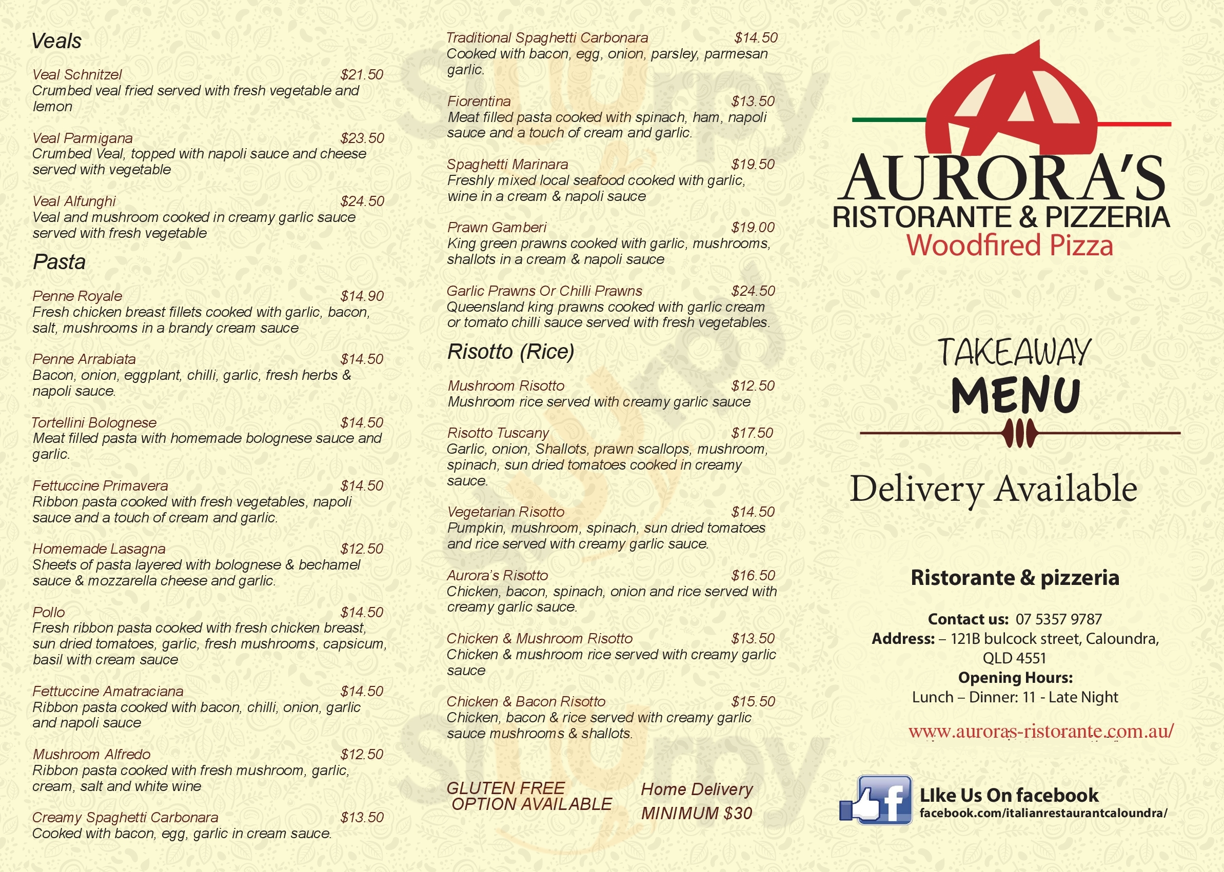 Aurora's Ristorante And Pizzeria Caloundra Menu - 1