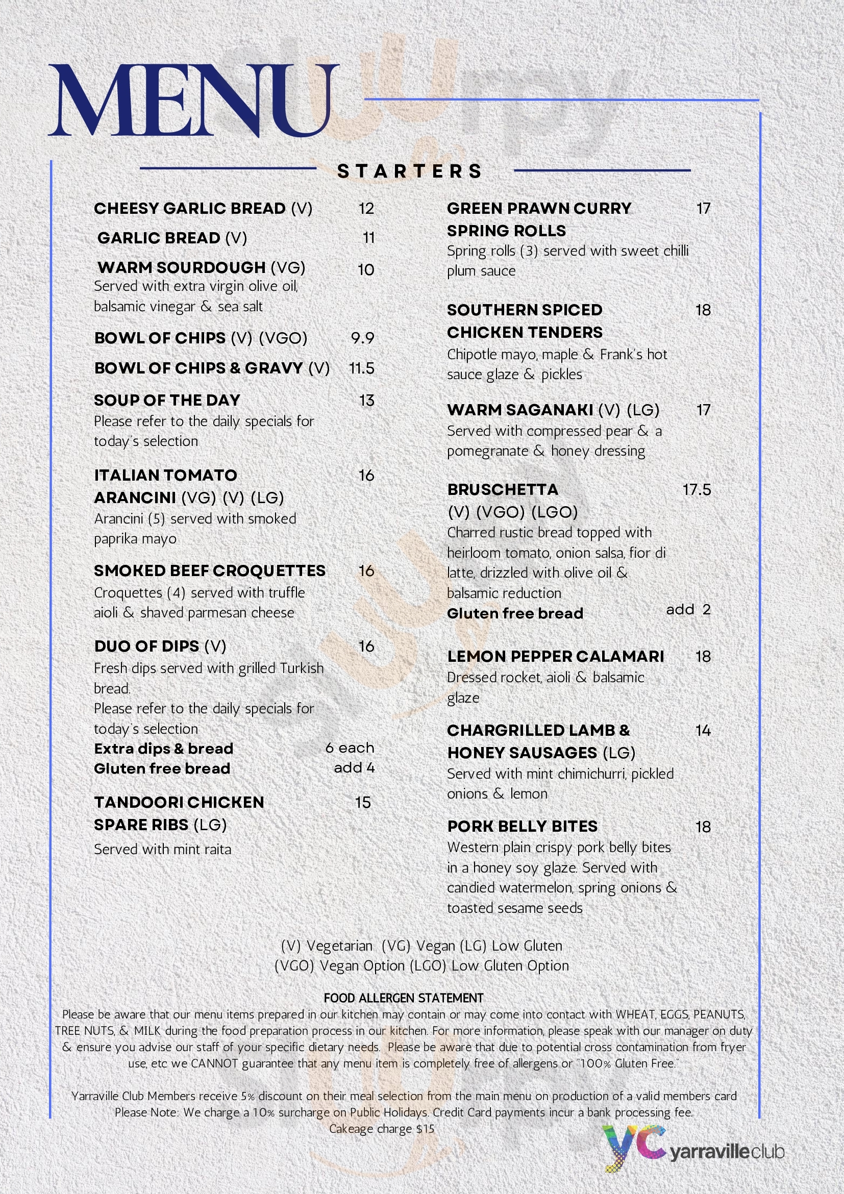 Yarraville Club Yarraville Menu - 1