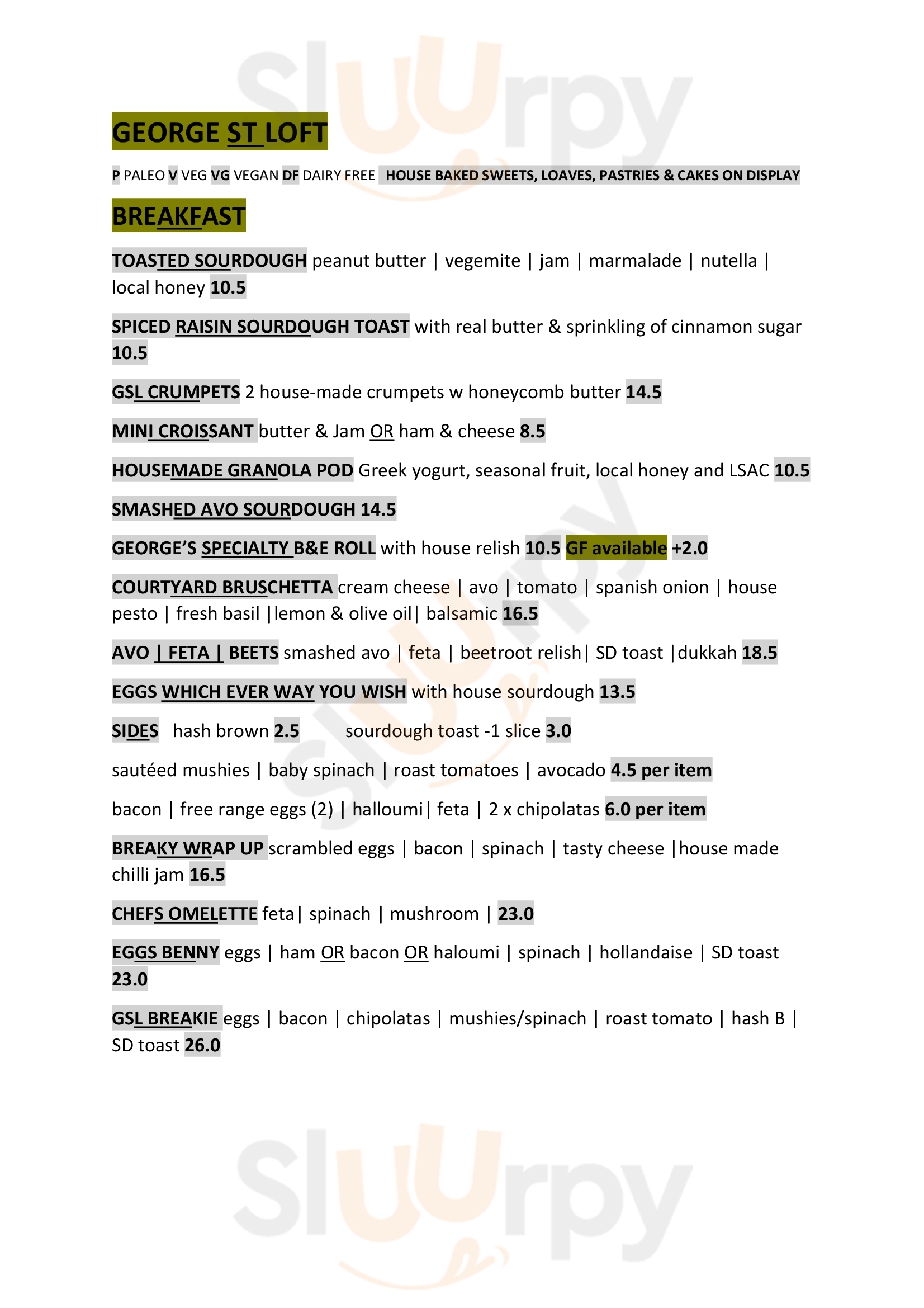 Main Menu - George St. Loft