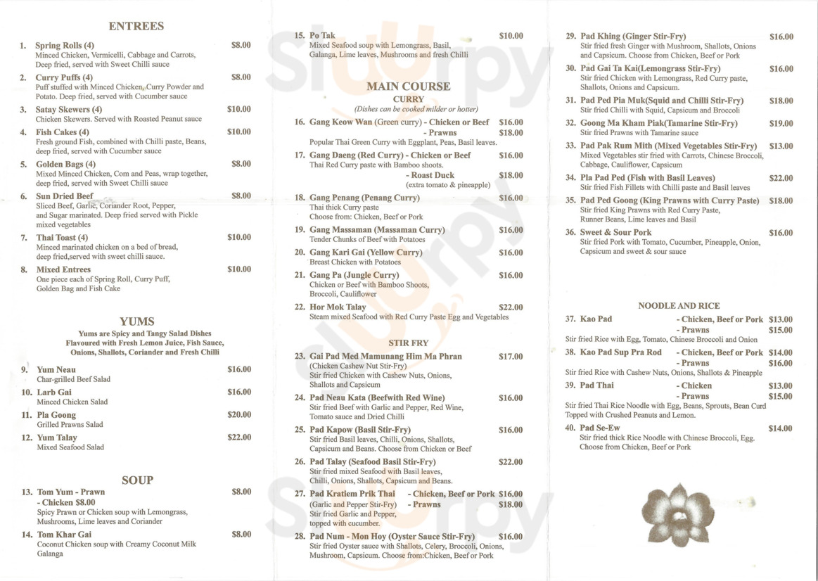 Thai Orchid menu