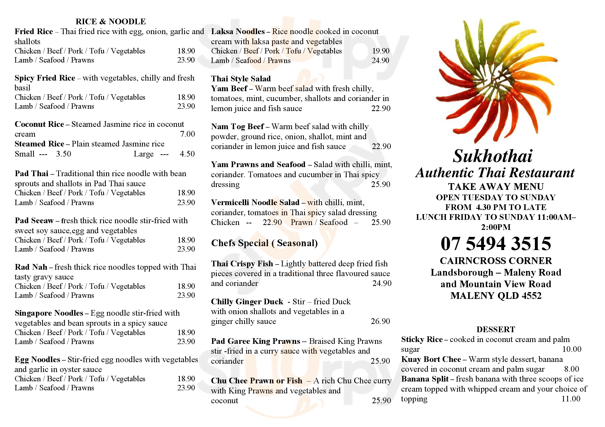 Sukhothai Maleny Menu - 1